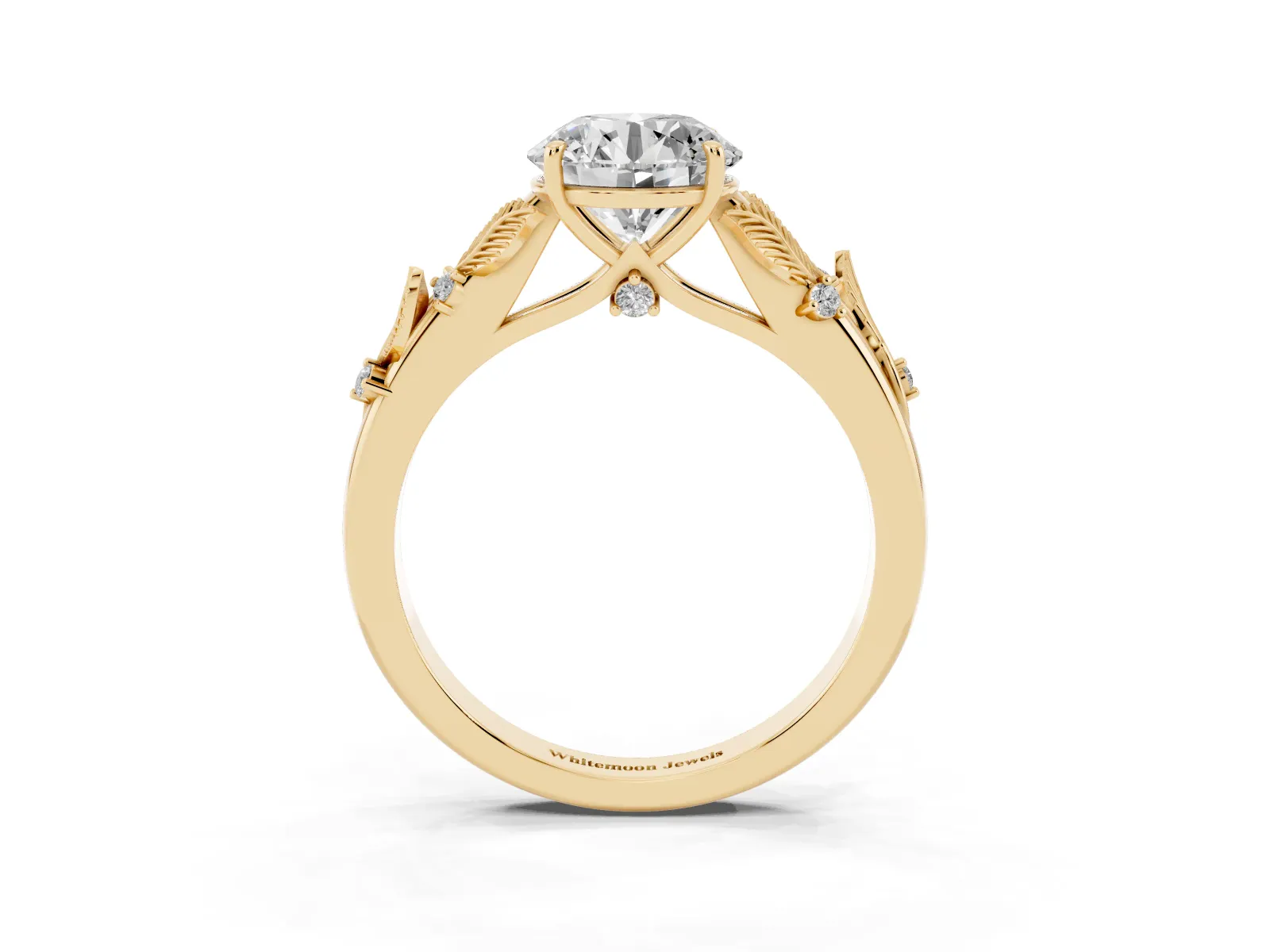 Round Cut Diamond Solitaire Ring with Leaf Motif Band and Four-Prong Setting Yellow gold