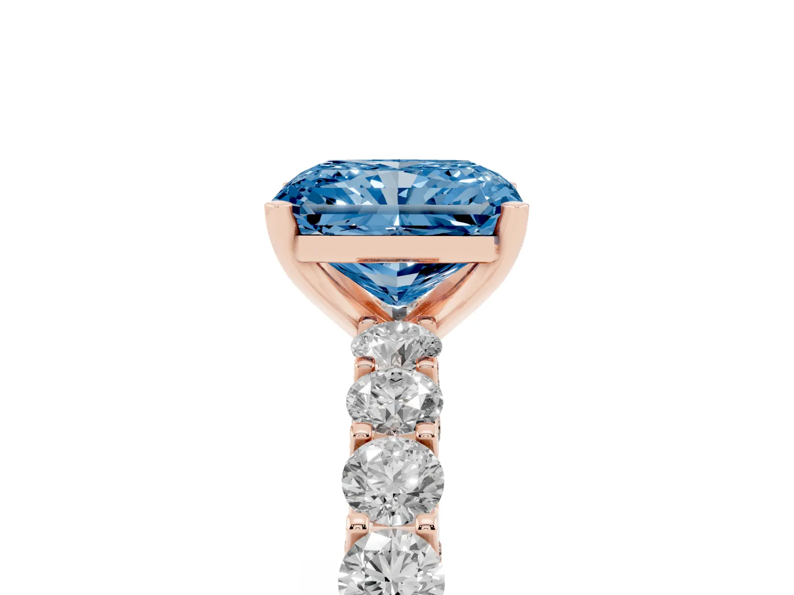 Fancy Blue Radiant Cut Diamond Solitaire Ring with Shared Prong Pavé Band and Four-Prong Setting Rose gold