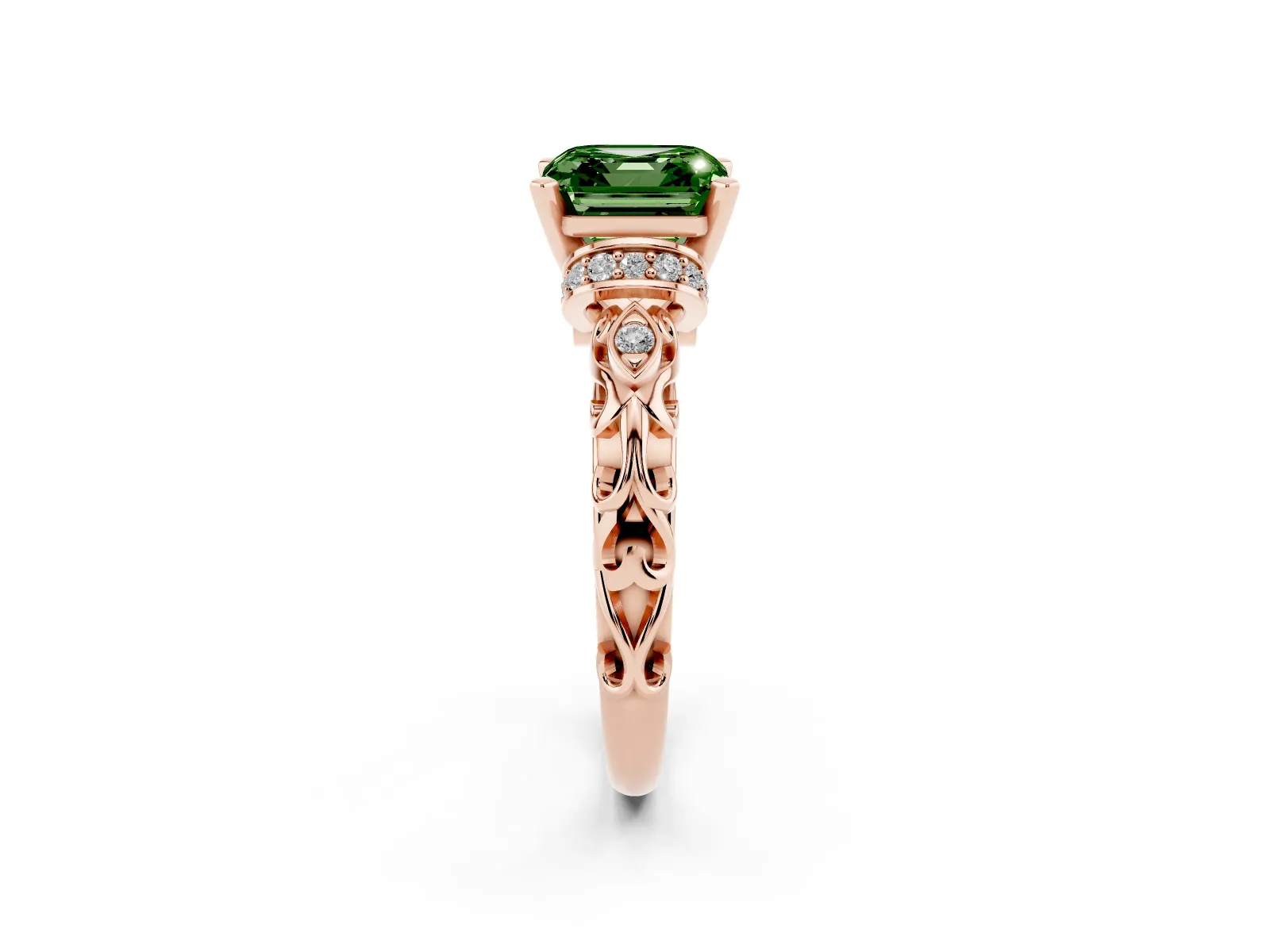 Fancy Green Asscher Cut Diamond Solitaire Ring with Filigree Band and Four-Prong Setting Rose gold