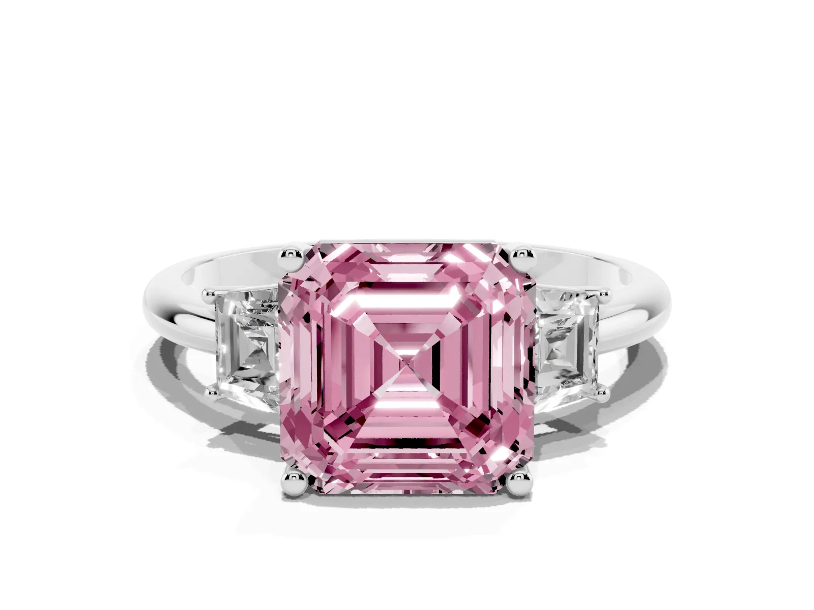Fancy Pink Asscher Cut Diamond Three-Stone Ring with Trapezoid Side Stones and Prong Setting White gold