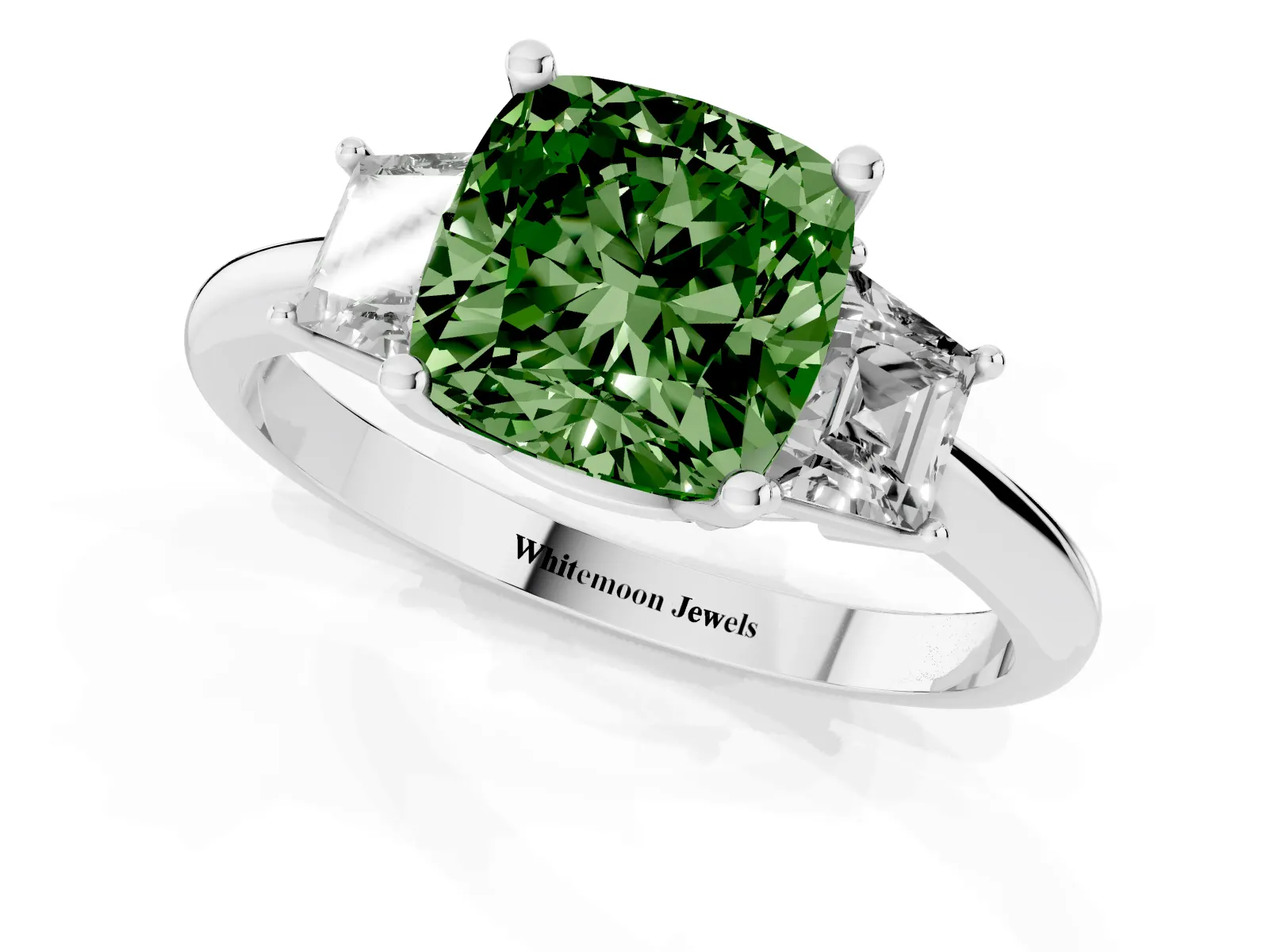 Fancy Green Cushion Cut Diamond Three-Stone Ring with Trapezoid Side Stones and Prong Setting Platinum
