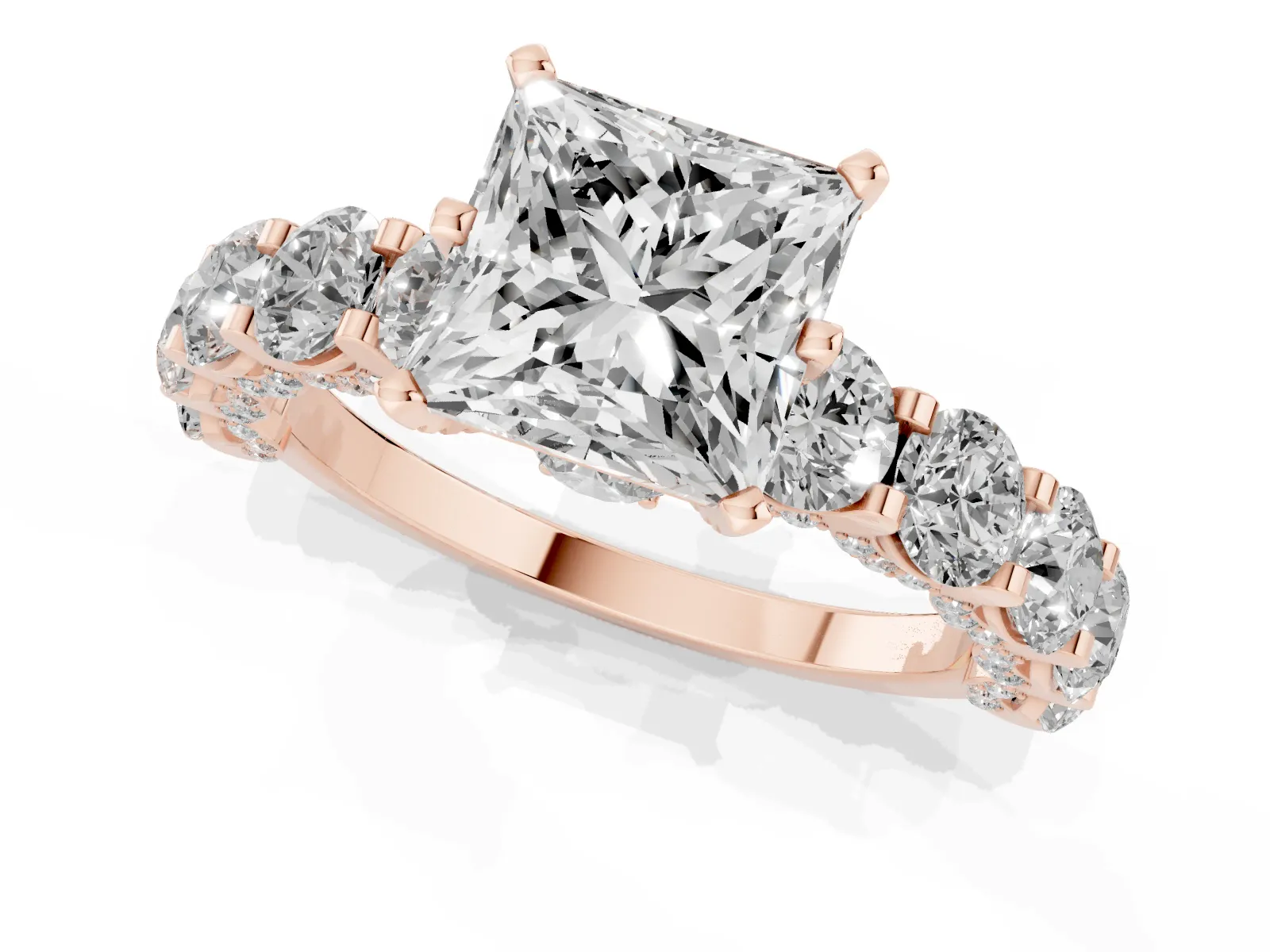 Princess Cut Diamond Side Stone Engagement Ring with Four-Prong Setting Rose gold