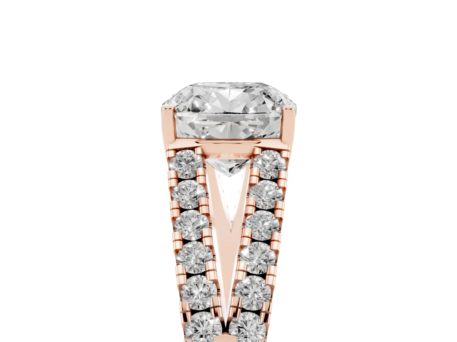 Cushion Cut Diamond Split Shank Engagement Ring with Round Pavé and Prong Setting Rose gold