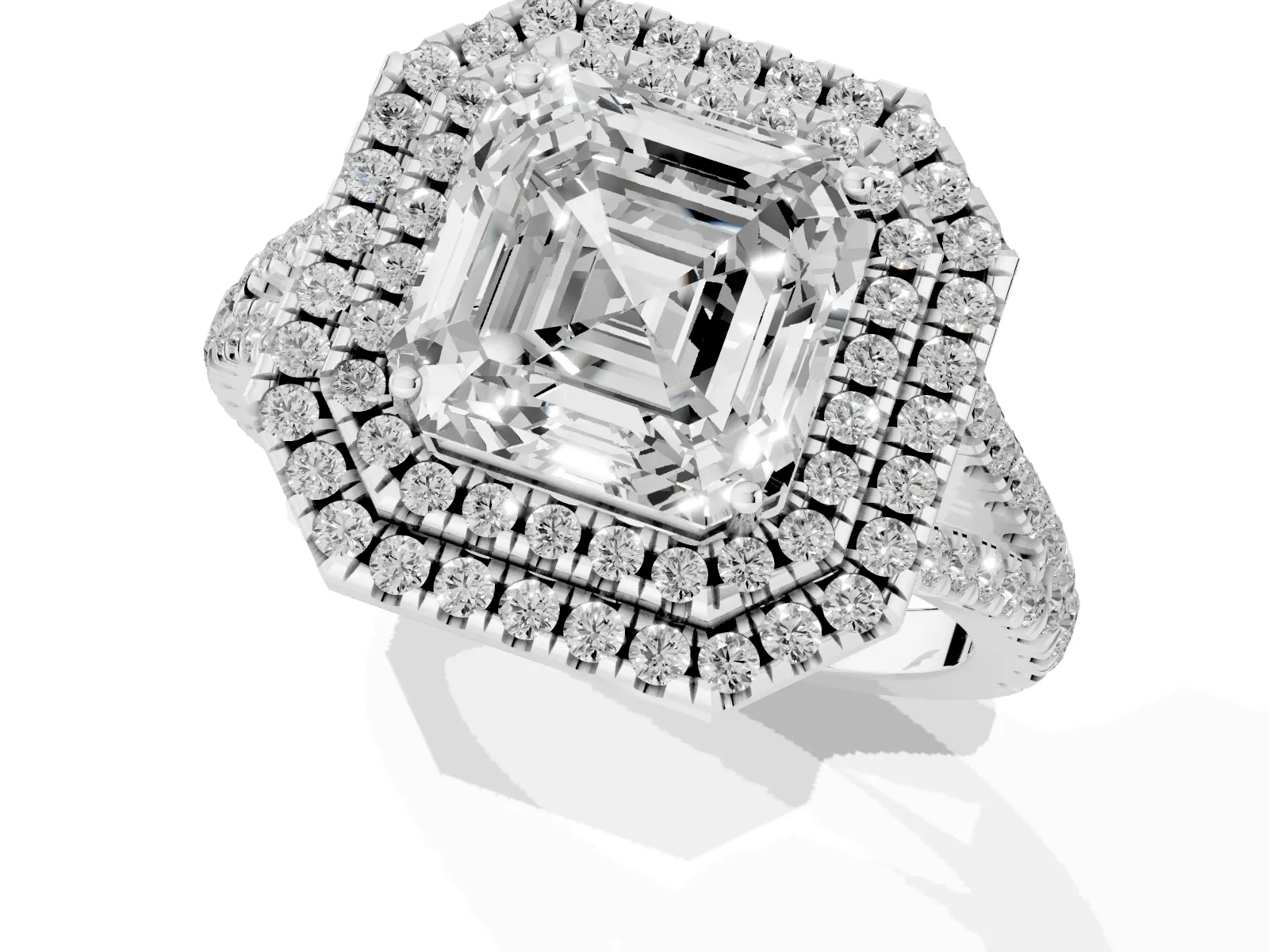 Asscher Cut Diamond Double Halo Ring with Pavé Band and Prong Setting Platinum