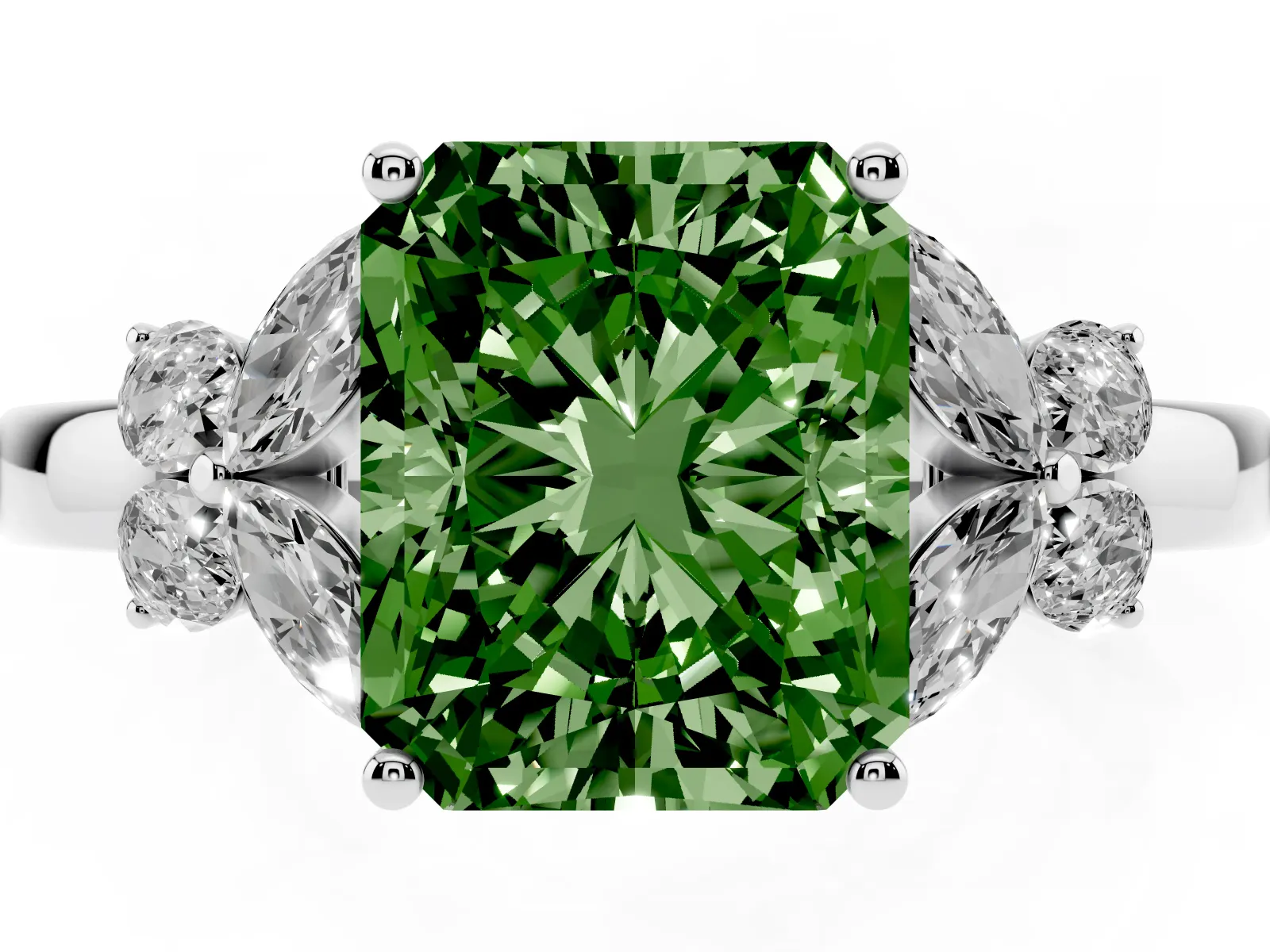 Fancy Green Radiant Cut Cut Solitaire Floral Diamond Ring with Four-Prong Setting Platinum