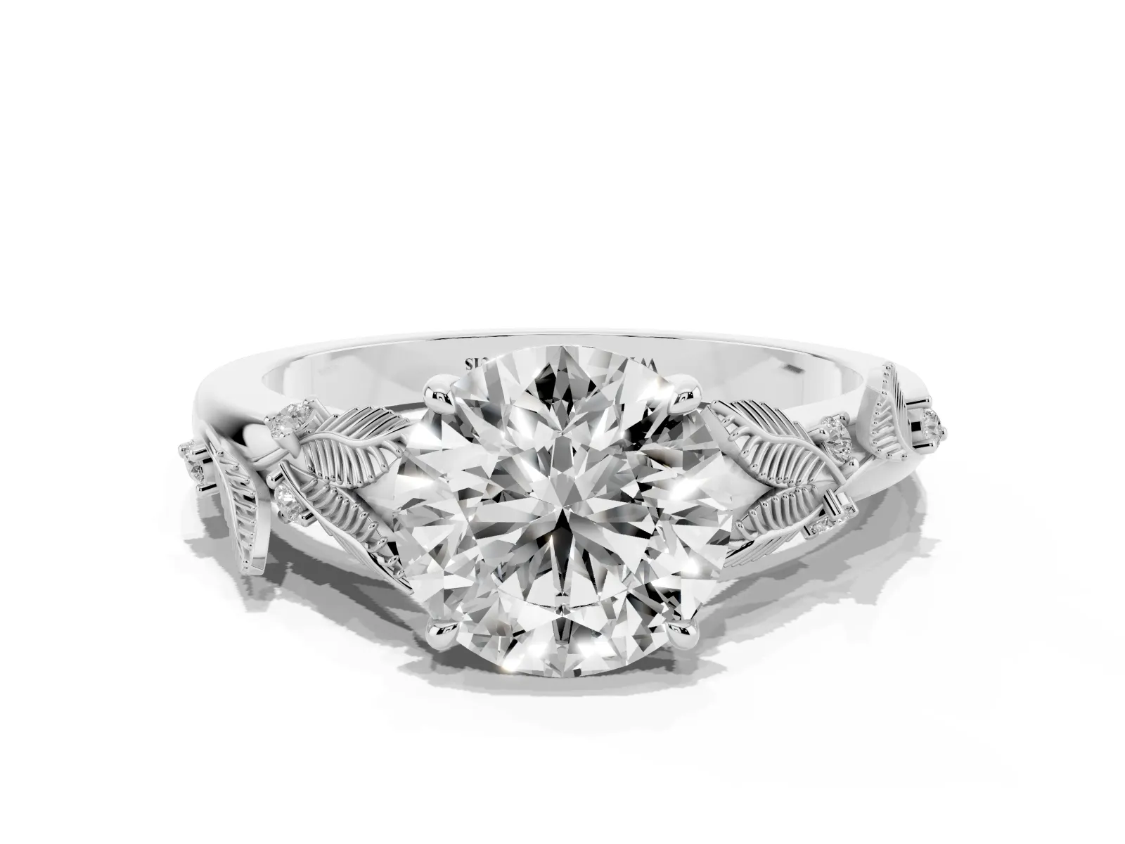 Round Cut Diamond Solitaire Ring with Leaf Motif Band and Four-Prong Setting Platinum