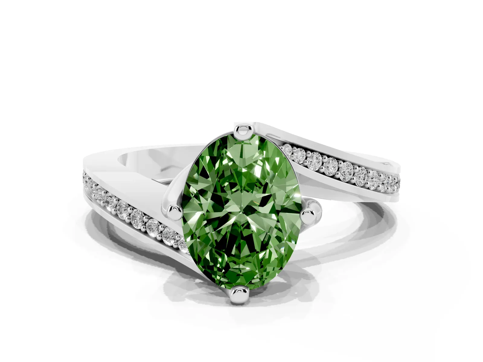 Fancy Green Oval Cut Solitaire Diamond Twist Band with Pavé Setting and Four-Prong Setting Platinum