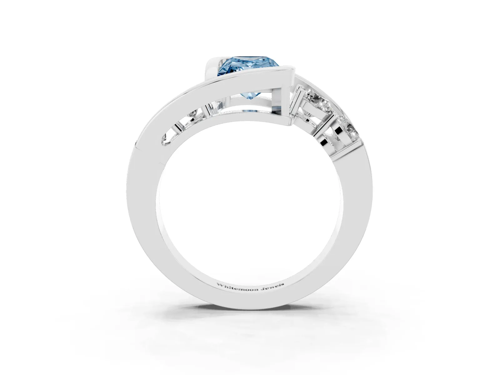 Fancy Blue Bezel Set Radiant Cut Diamond Bypass Ring with Round Accents White gold
