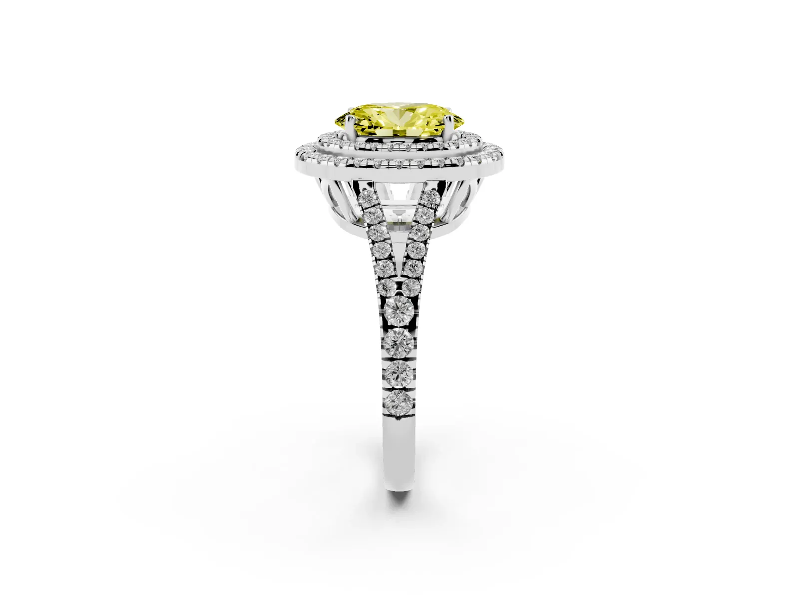 Fancy Yellow Oval Cut Diamond Double Halo Ring with Pavé Band and Prong Setting Platinum