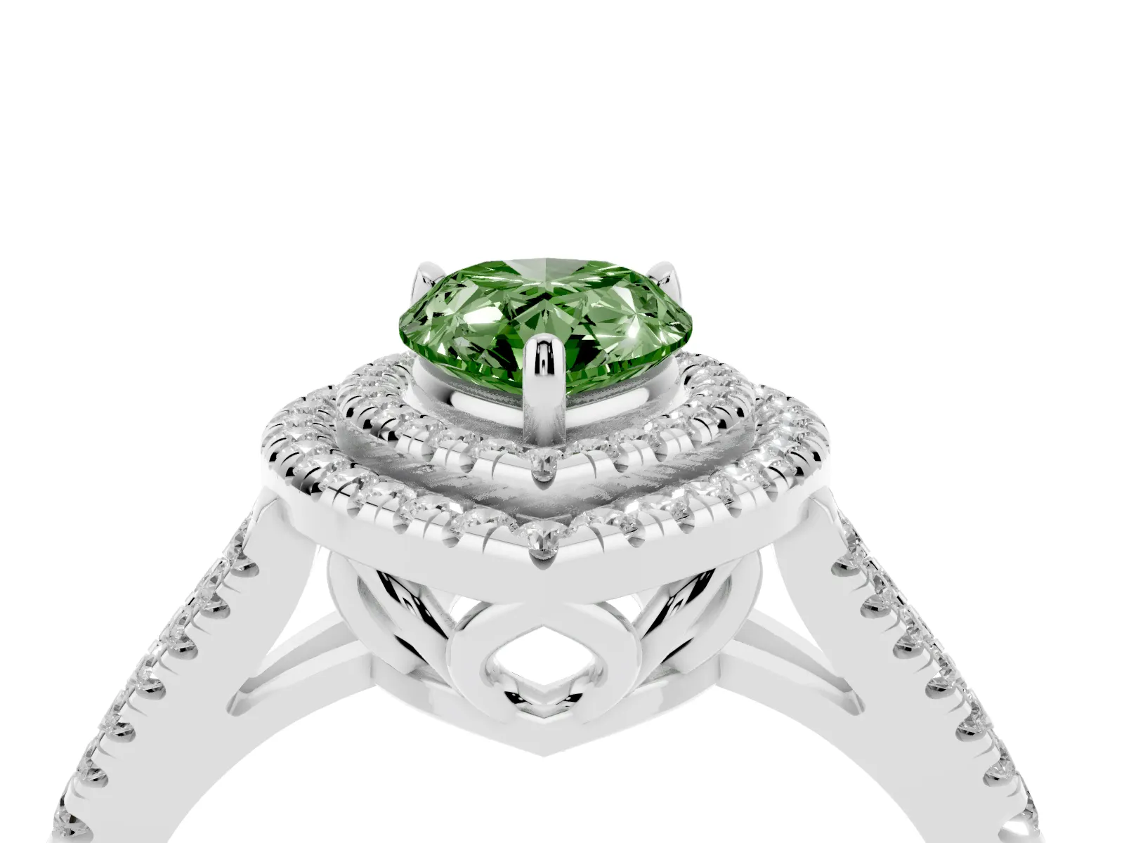 Fancy Green Pear Cut Diamond Double Halo Ring with Pavé Band and Prong Setting Platinum
