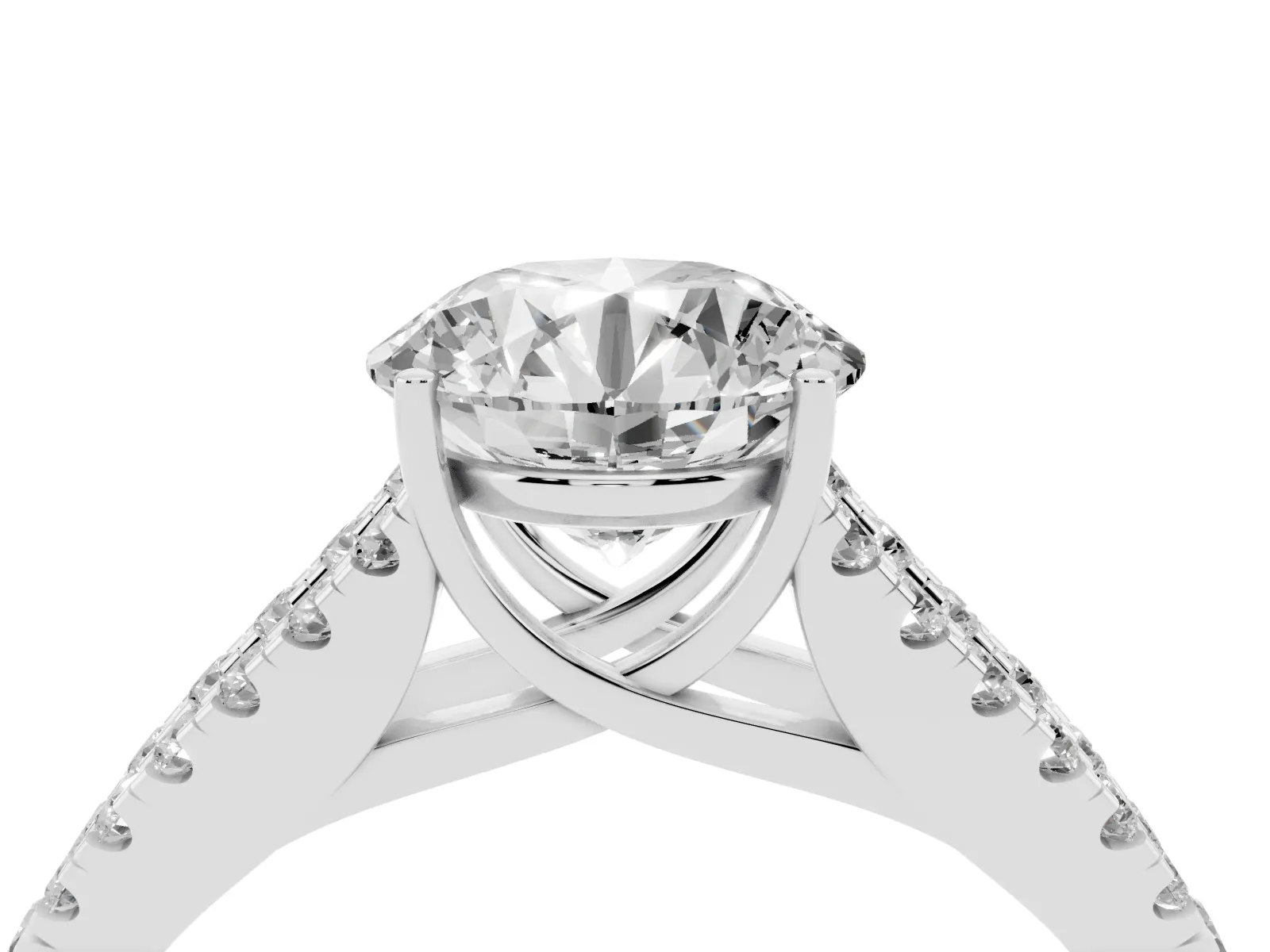 Round Cut Diamond Split Shank Engagement Ring with Round Pavé and Prong Setting White gold