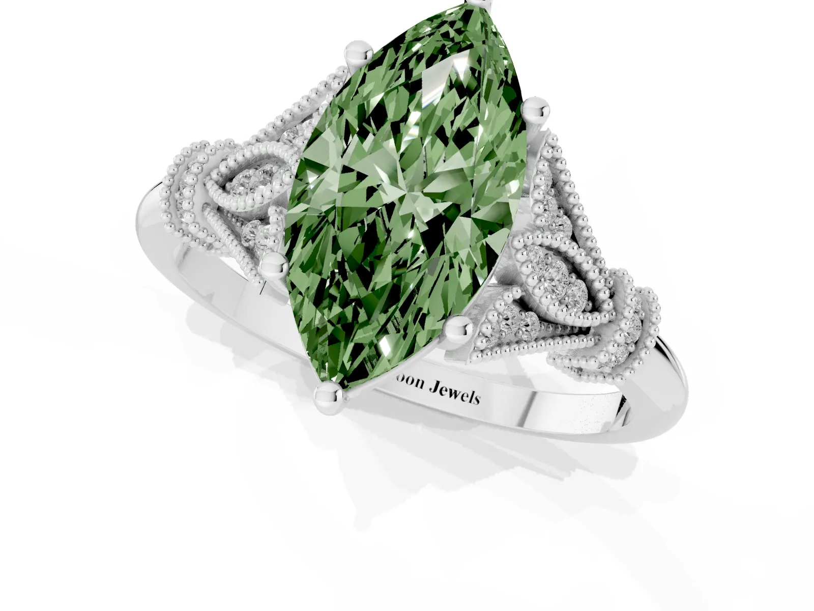 Fancy Green Marquise Cut Diamond Solitaire Ring with Floral Filigree and Pave Accents Platinum