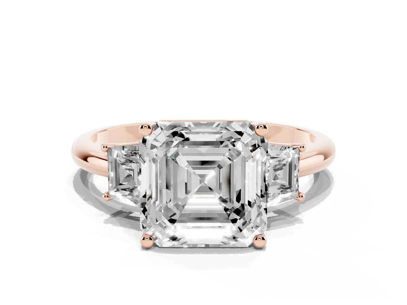 Asscher Cut Diamond Three-Stone Ring with Trapezoid Side Stones and Prong Setting Rose gold