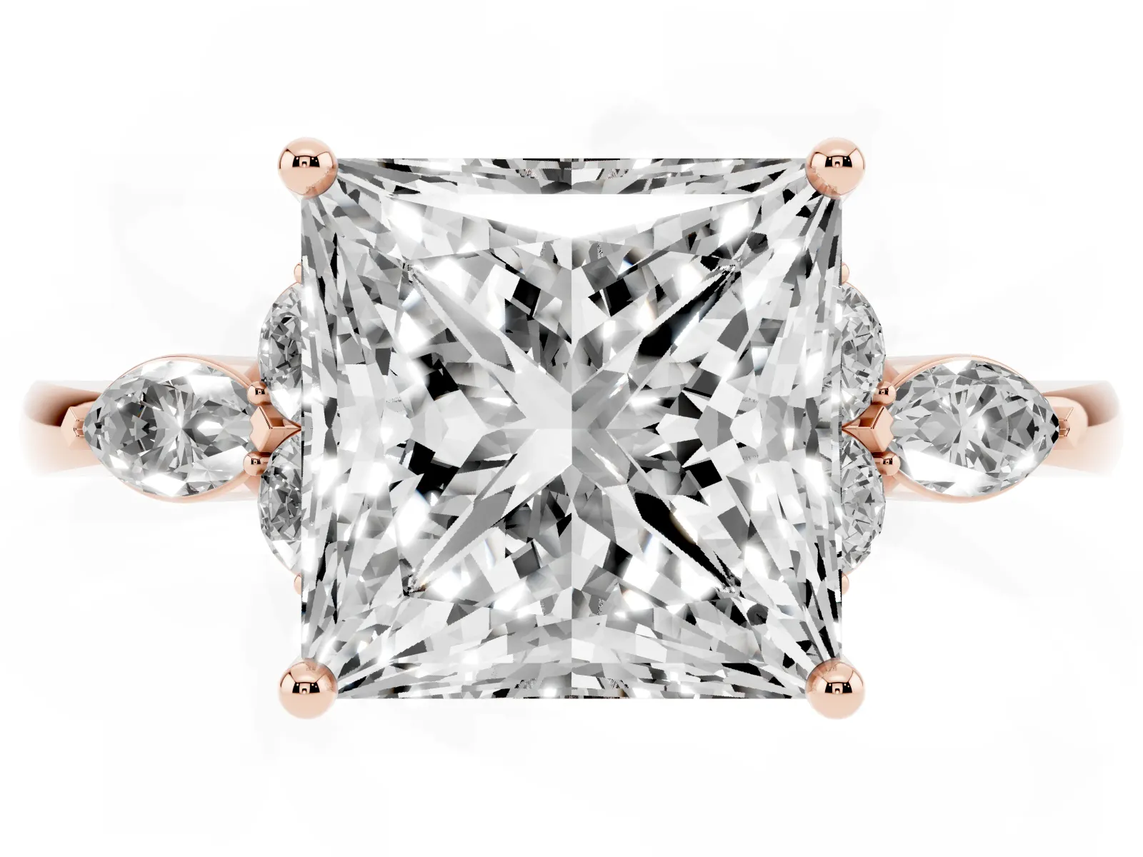 Princess Cut Brilliant Diamond Solitaire Ring with Pear Side Stones and Four-Prong Setting Rose gold