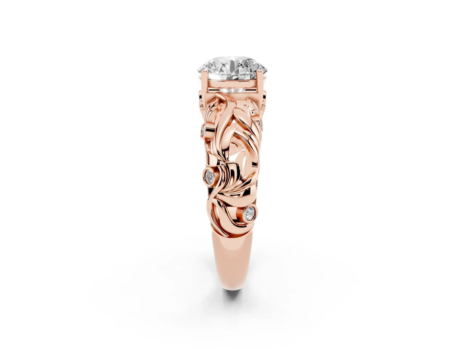 Round Cut Solitaire Diamond Leaf-Inspired Vine Band Ring with Prong Setting Rose gold