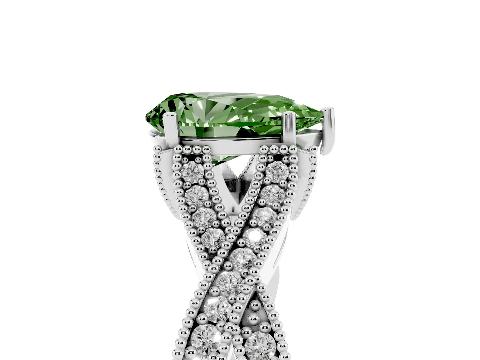 Fancy Green Pear Cut Cut Diamond Twisted Band with Milgrain Pave Setting and Four-Prong Setting Platinum