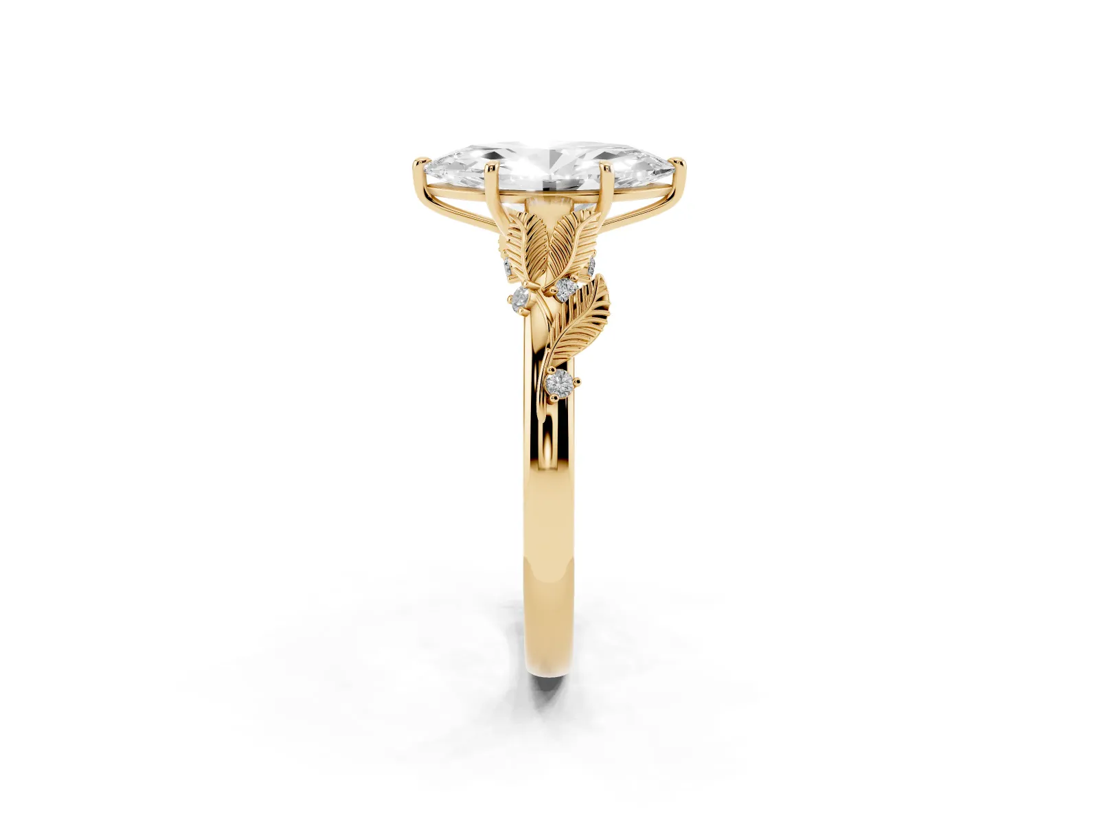 Marquise Cut Diamond Solitaire Ring with Leaf Motif Band and Four-Prong Setting Yellow gold