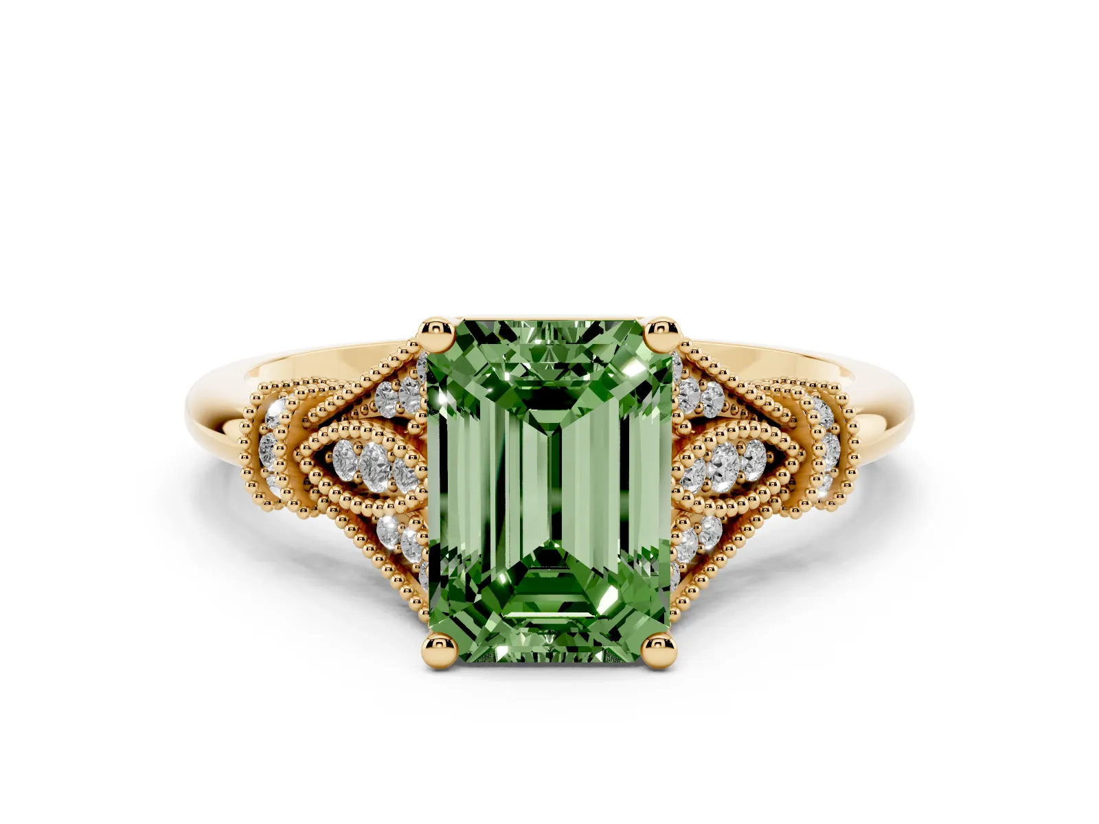 Fancy Green Emerald Cut Diamond Solitaire Ring with Floral Filigree and Pave Accents Yellow gold