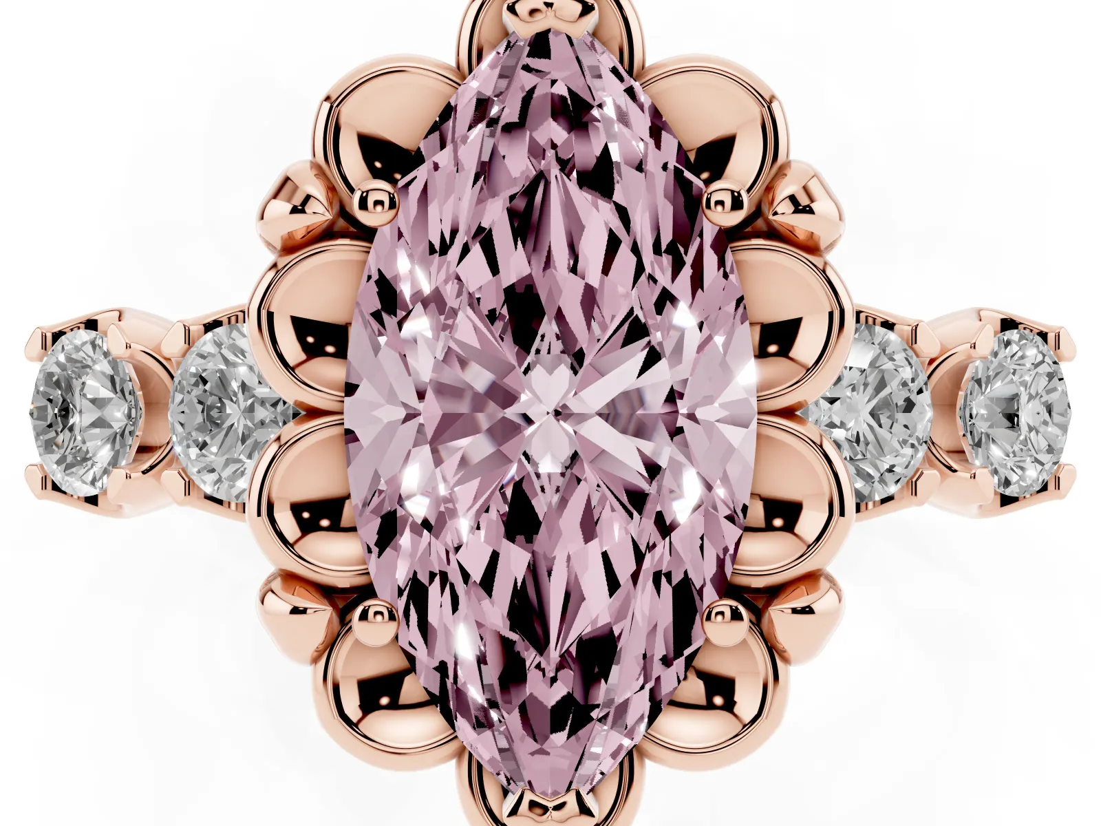 Fancy Pink Marquise Cut Cut Diamond Floral Halo Engagement Ring with Shared Prong Setting Rose gold