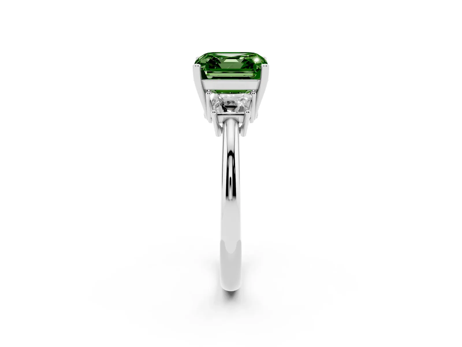 Fancy Green Asscher Cut Diamond Three-Stone Ring with Trapezoid Side Stones and Prong Setting White gold