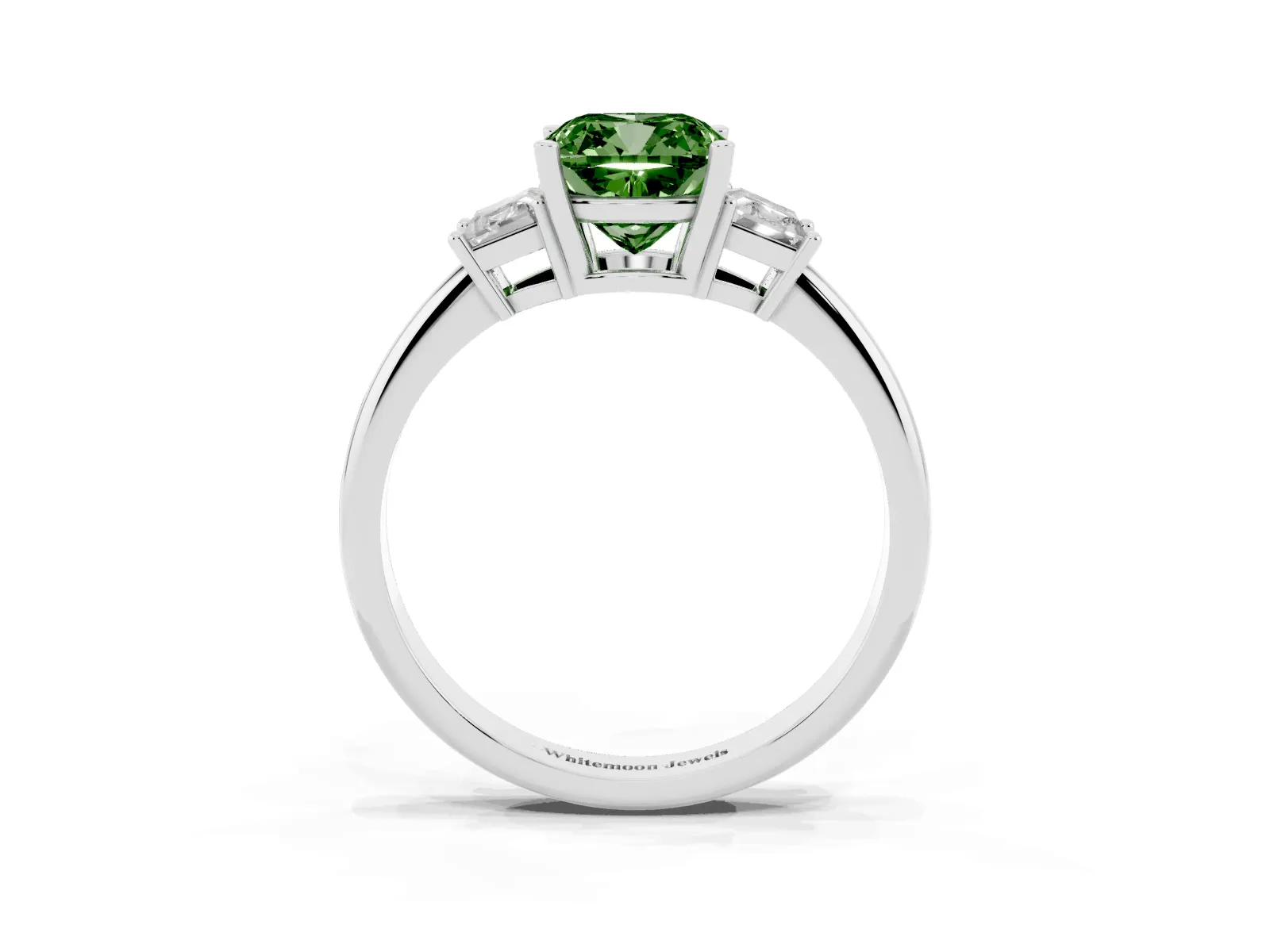 Fancy Green Cushion Cut Diamond Three-Stone Ring with Trapezoid Side Stones and Prong Setting Platinum