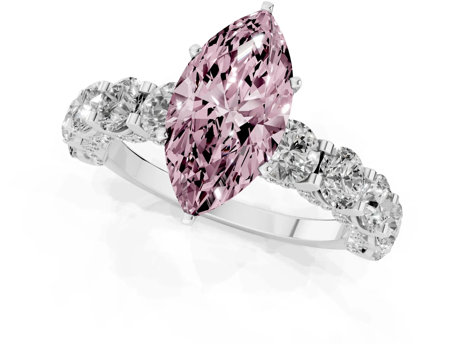 Fancy Pink Marquise Cut Diamond Side Stone Engagement Ring with Four-Prong Setting Platinum