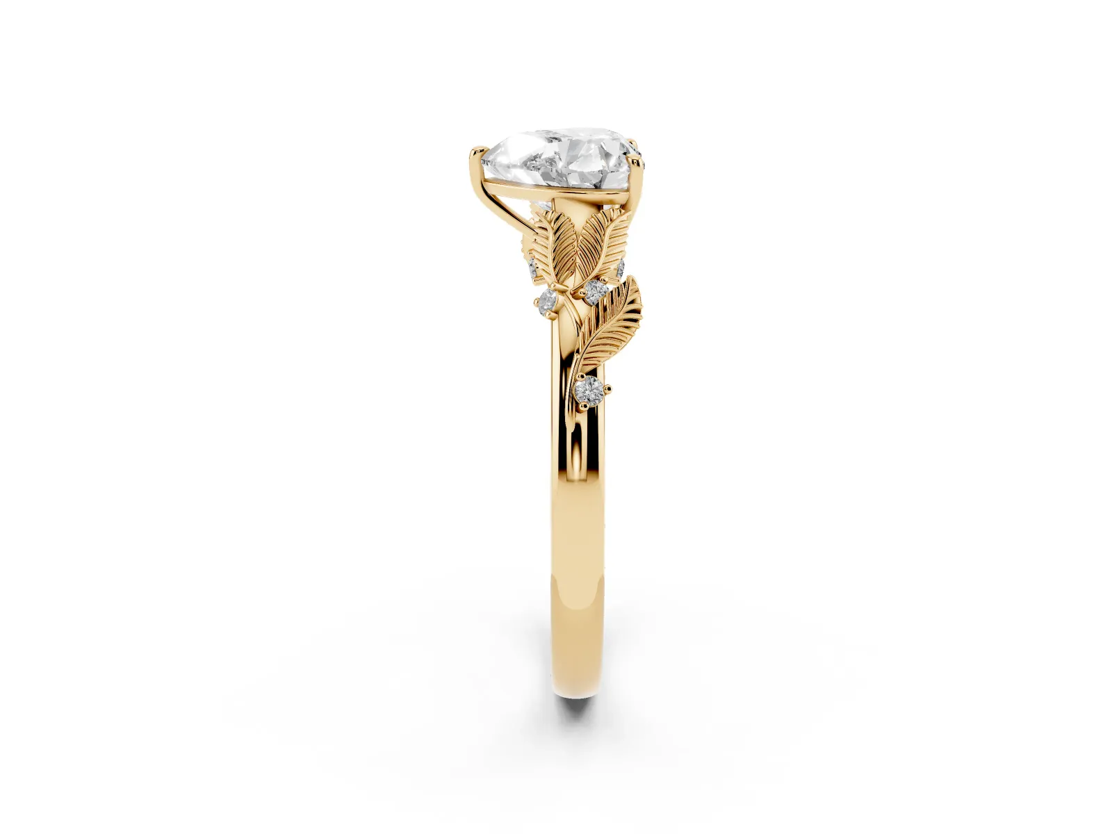 Heart Cut Diamond Solitaire Ring with Leaf Motif Band and Four-Prong Setting Yellow gold