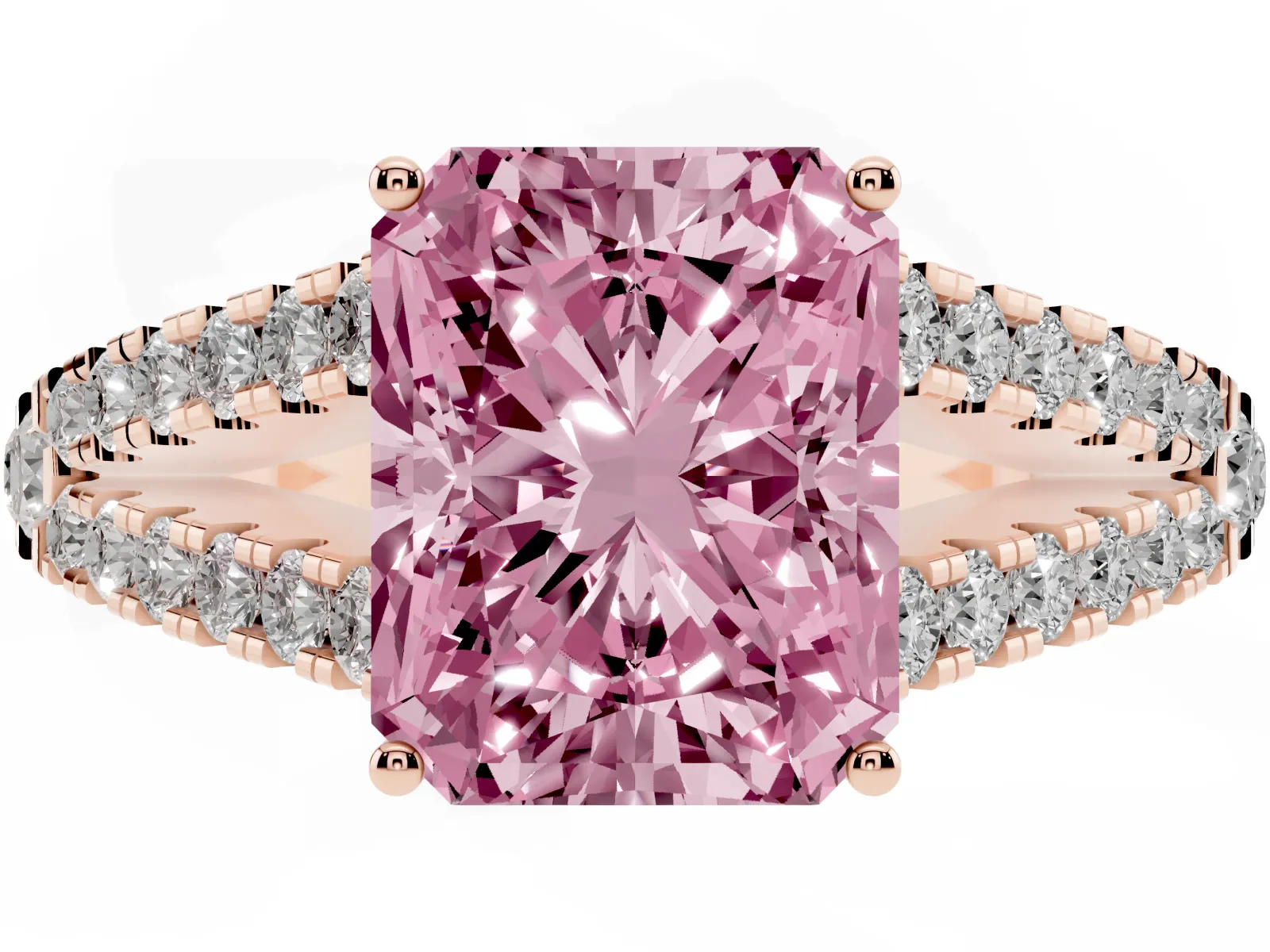 Fancy Pink Radiant Cut Diamond Split Shank Engagement Ring with Round Pavé and Prong Setting Rose gold