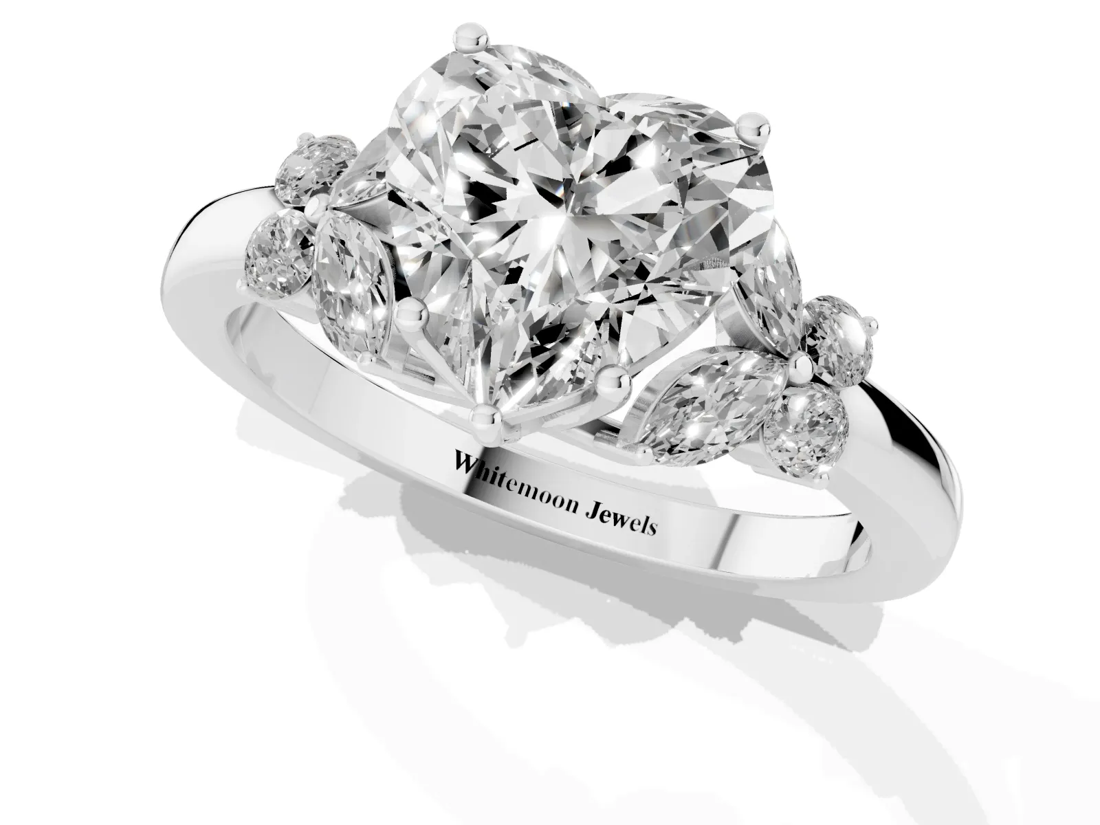 Heart Cut Cut Solitaire Floral Diamond Ring with Four-Prong Setting Platinum