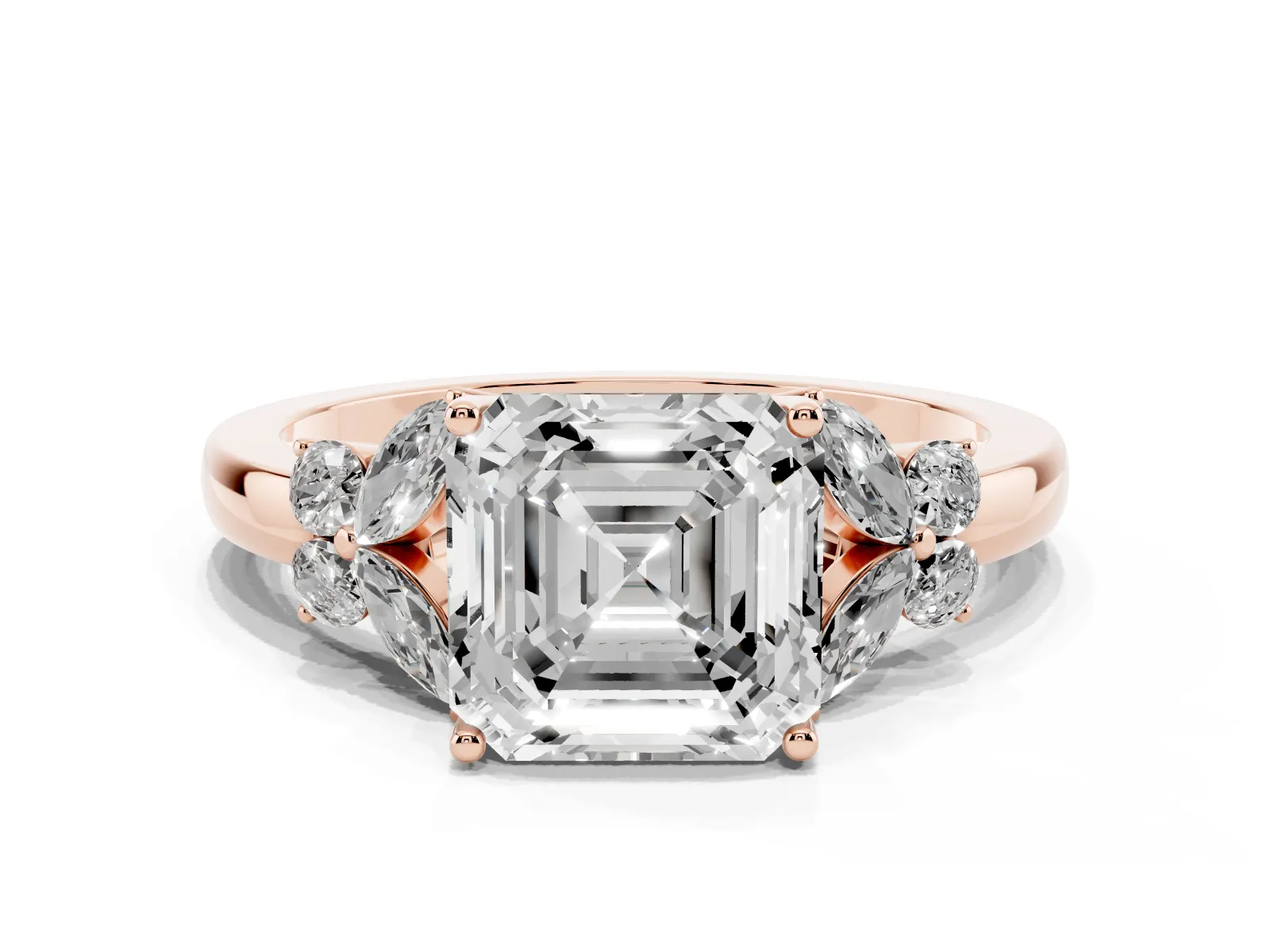 Asscher Cut Cut Solitaire Floral Diamond Ring with Four-Prong Setting Rose gold