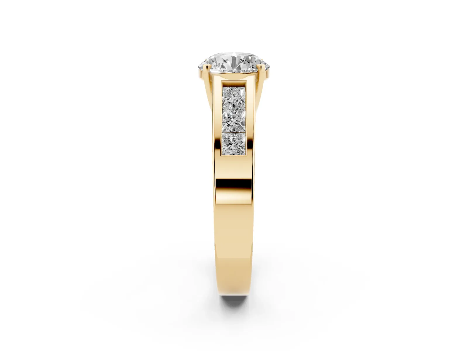 Round Cut Cut Channel Set Solitaire Ring with Four-Prong Setting Yellow gold