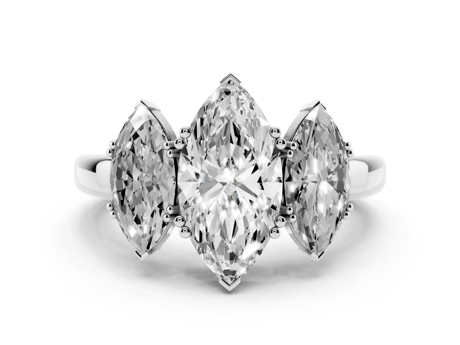 Three-Stone Marquise Cut Cut Diamond Ring with Channel Set Band and Four-Prong Setting Platinum