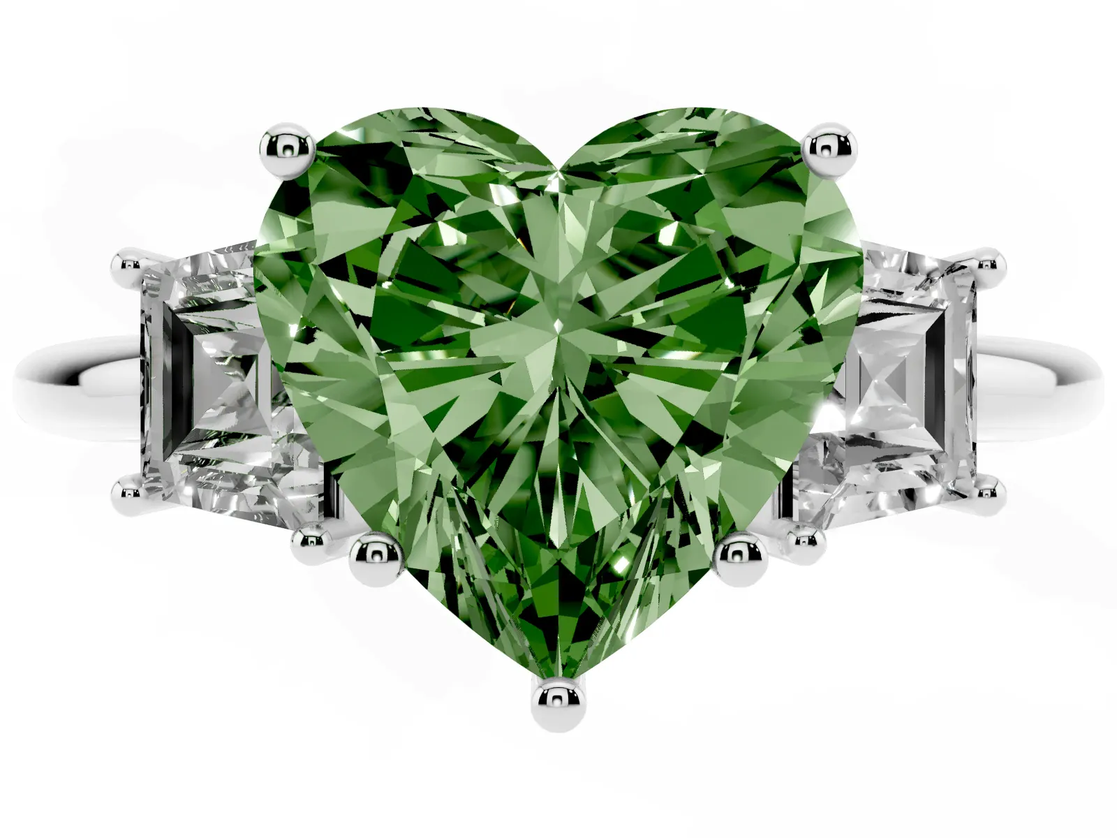 Fancy Green Heart Cut Diamond Three-Stone Ring with Trapezoid Side Stones and Prong Setting White gold