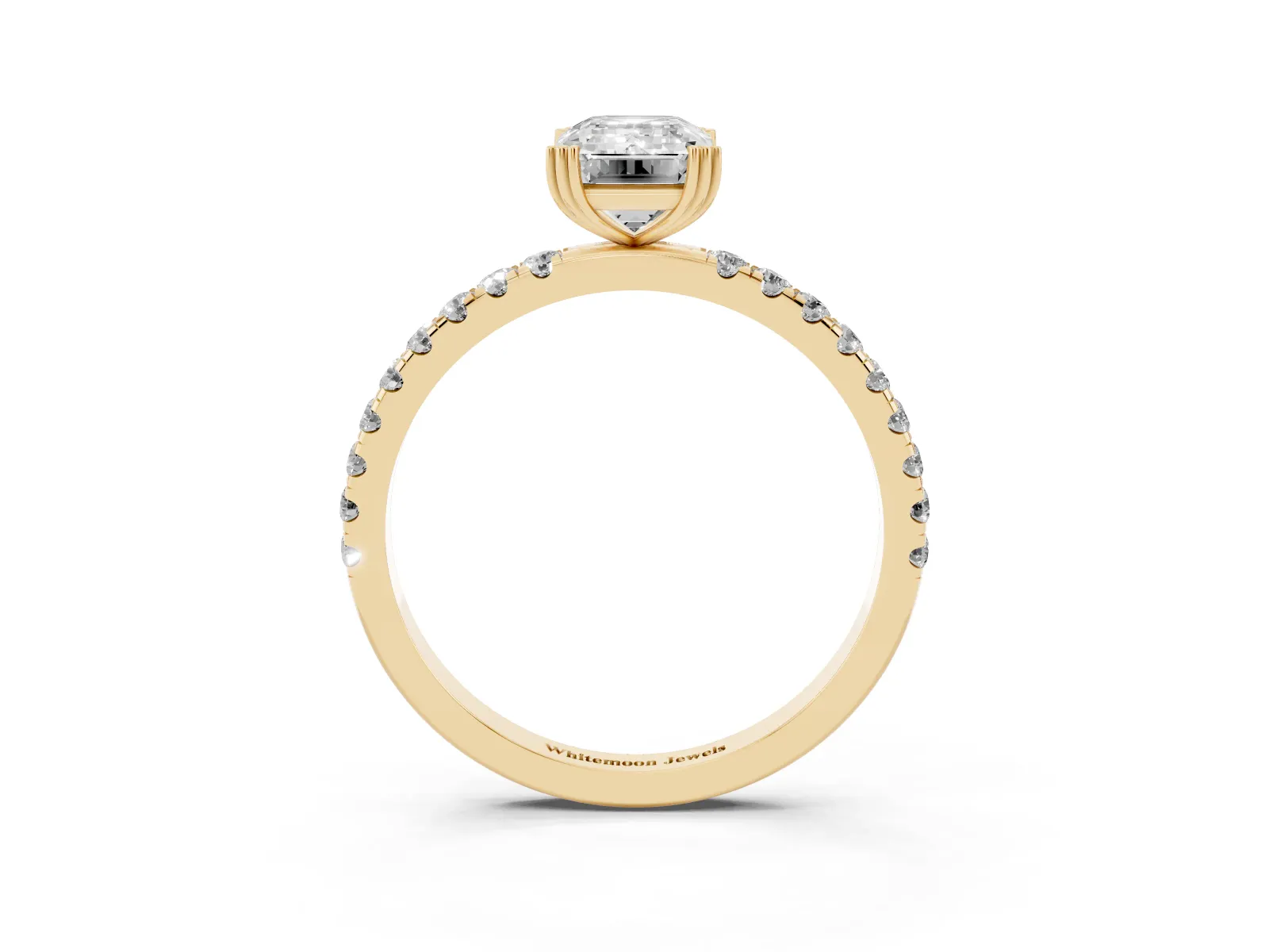 Emerald Cut Brilliant Solitaire with Pavé Band and Claw Prong Setting Yellow gold