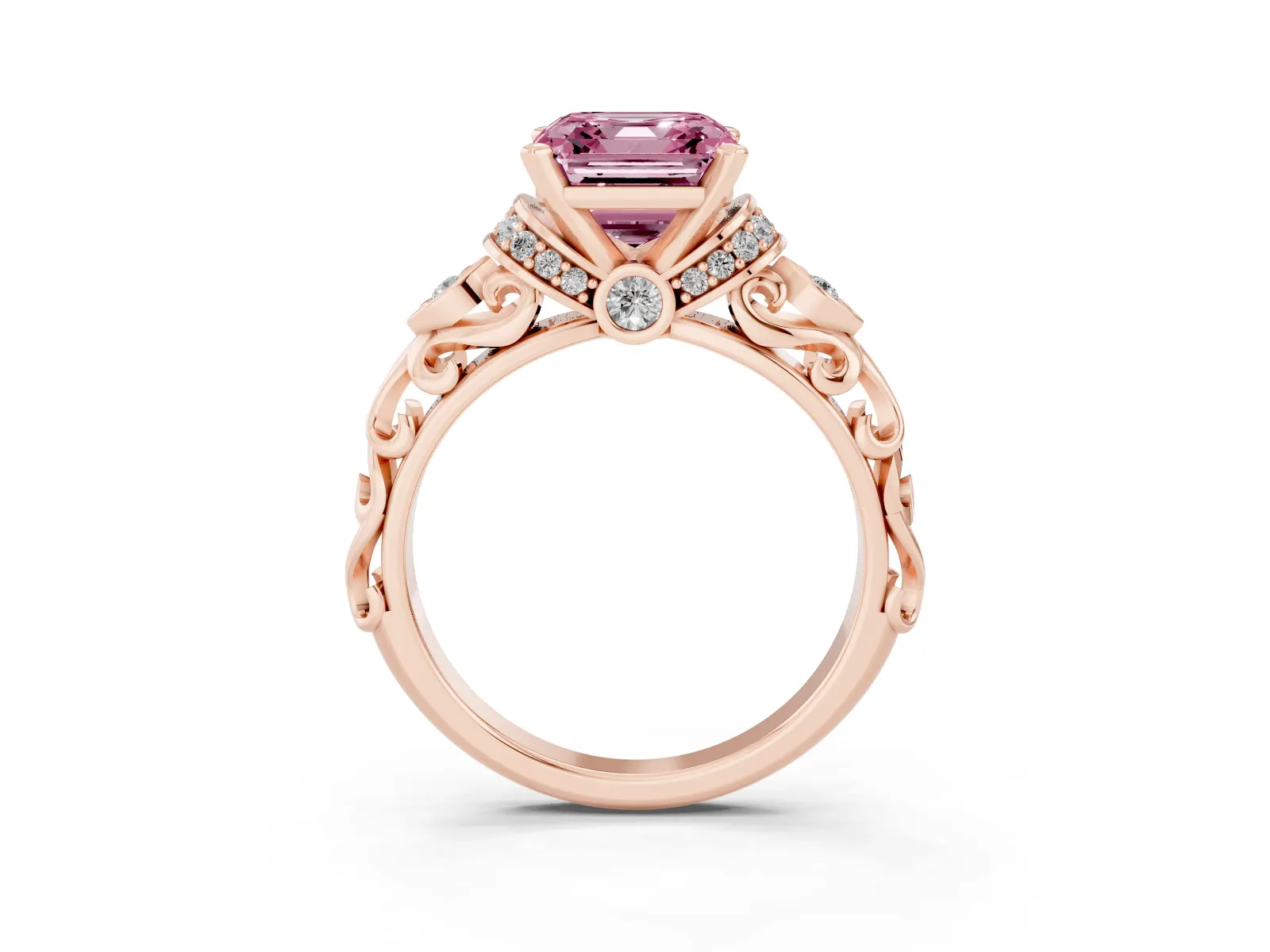 Fancy Pink Asscher Cut Diamond Solitaire Ring with Filigree Band and Four-Prong Setting Rose gold