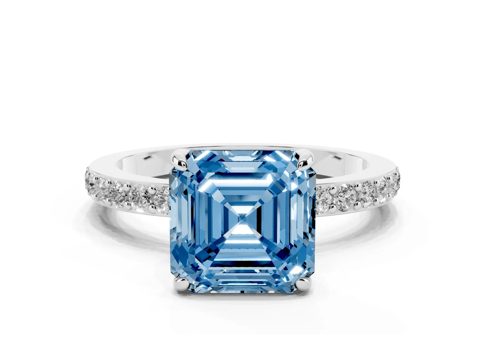 Fancy Blue Asscher Cut Diamond Solitaire Engagement Ring with Pavé Band and Four-Prong Setting White gold