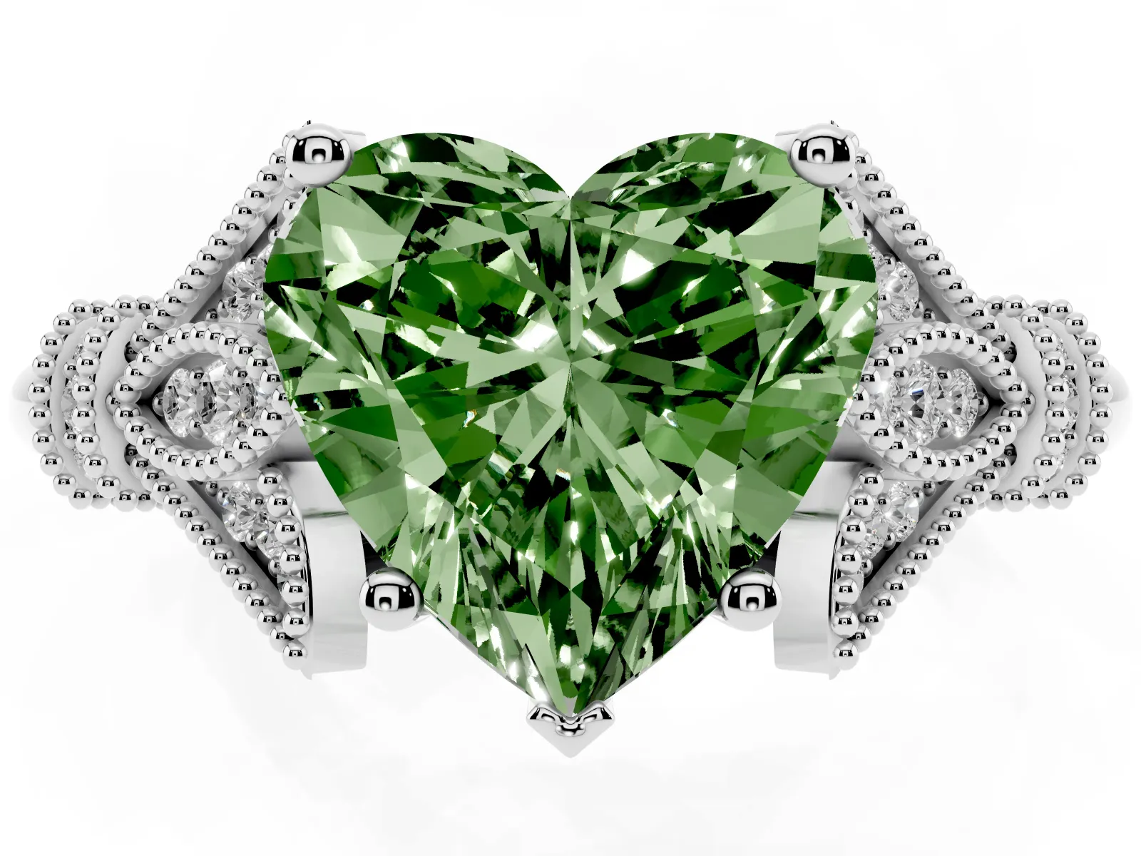 Fancy Green Heart Cut Diamond Solitaire Ring with Floral Filigree and Pave Accents Platinum