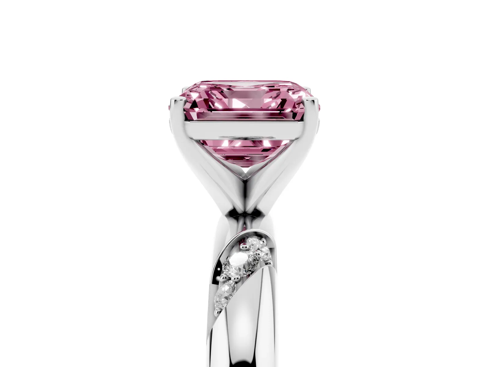 Fancy Pink Asscher Cut Diamond Solitaire Engagement Ring with Twisted Round Accent Band and Prong Setting Platinum