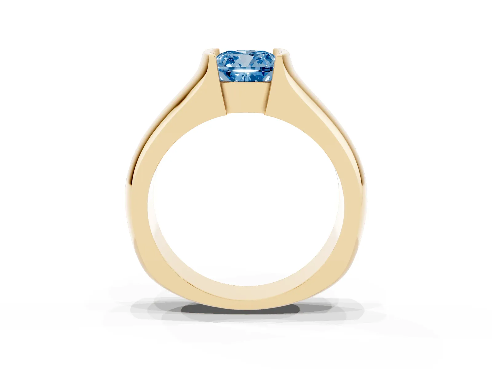 Fancy Blue Cushion Cut Solitaire Bezel Set Diamond Ring with Wide Band Yellow gold