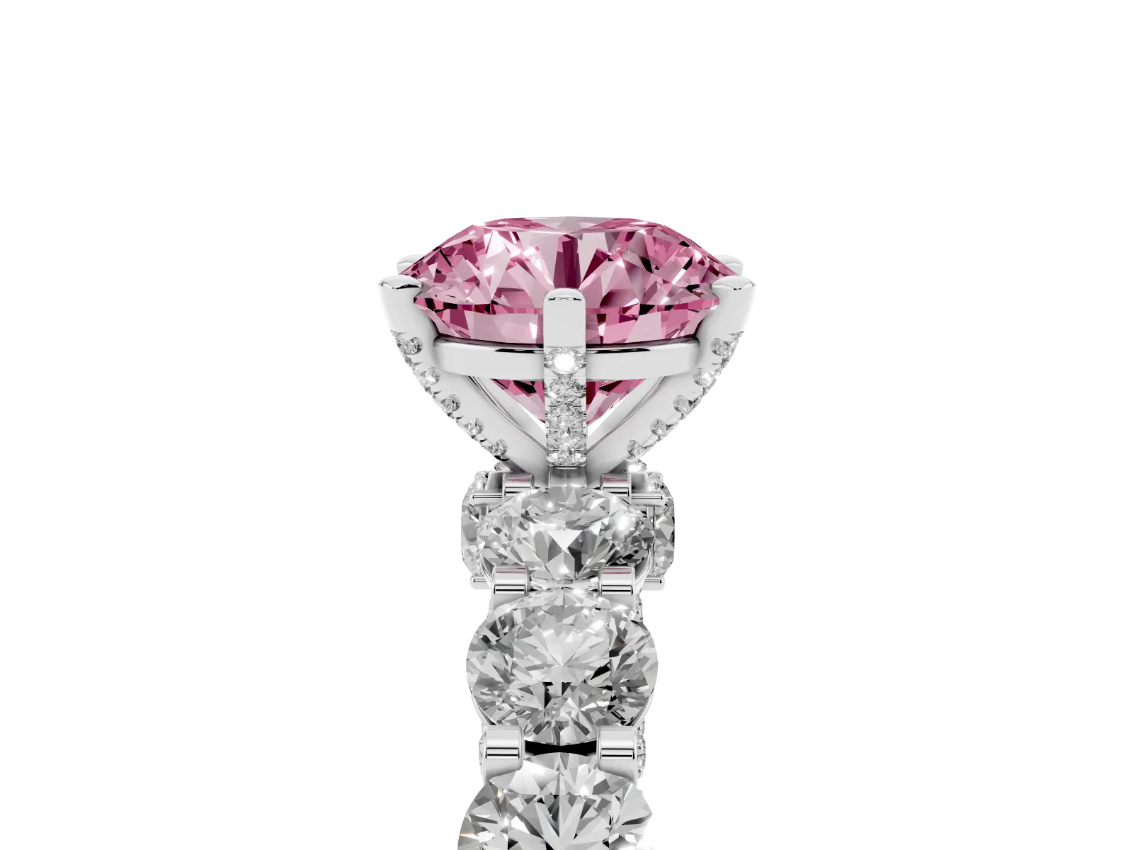 Fancy Pink Round Cut Diamond Side Stone Engagement Ring with Four-Prong Setting Platinum