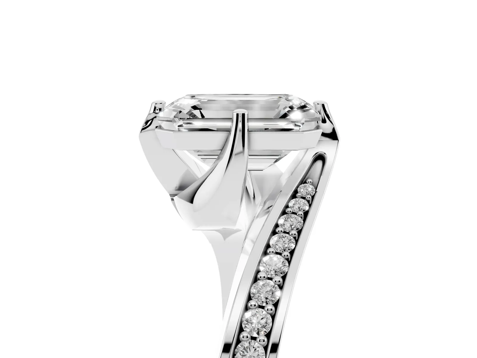 Emerald Cut Solitaire Diamond Twist Band with Pavé Setting and Four-Prong Setting Platinum
