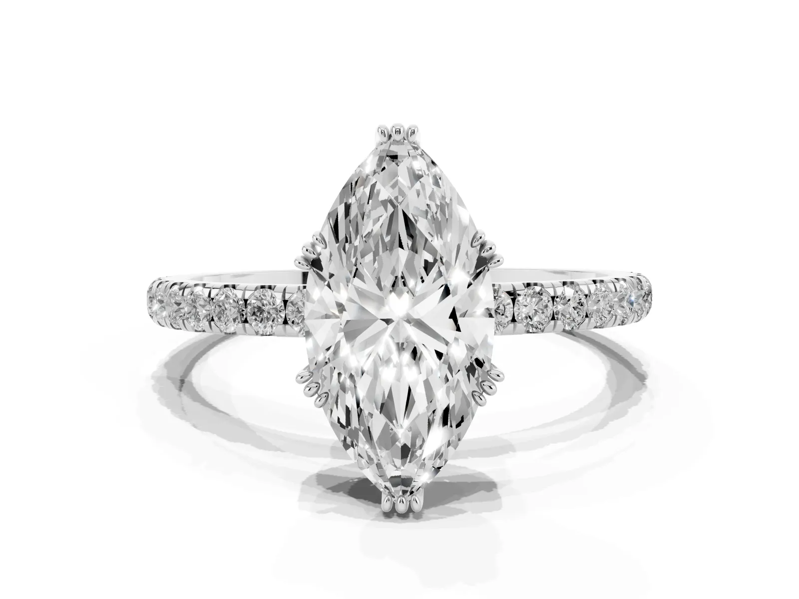 Marquise Cut Brilliant Solitaire with Pavé Band and Claw Prong Setting Silver