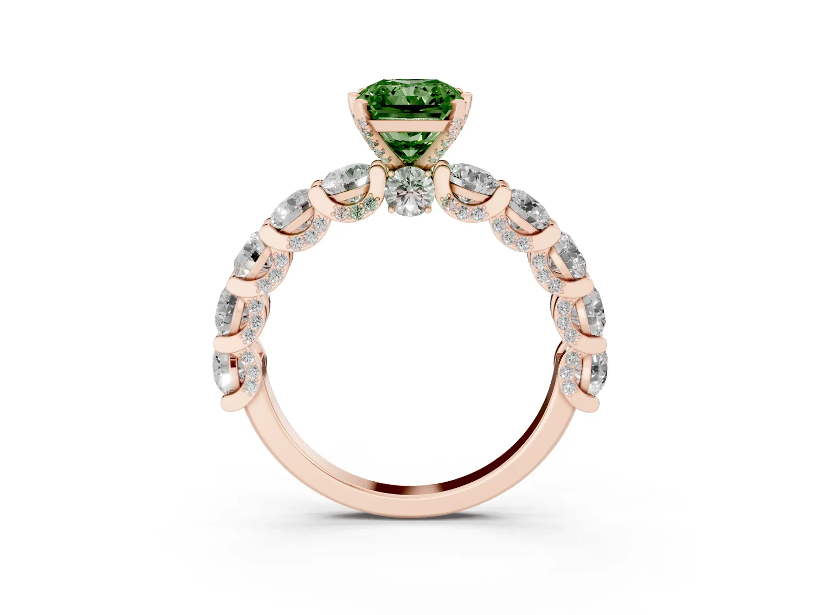 Fancy Green Radiant Cut Diamond Side Stone Engagement Ring with Four-Prong Setting Rose gold