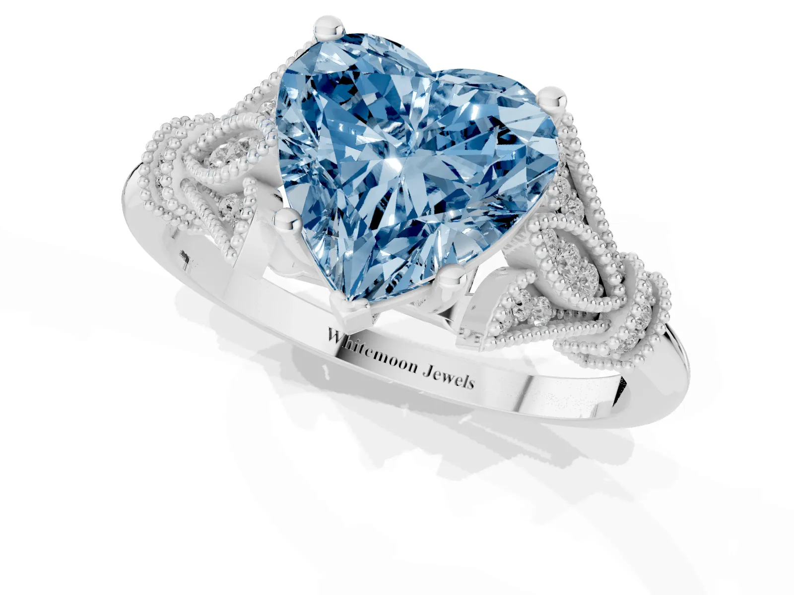 Fancy Blue Heart Cut Diamond Solitaire Ring with Floral Filigree and Pave Accents Platinum