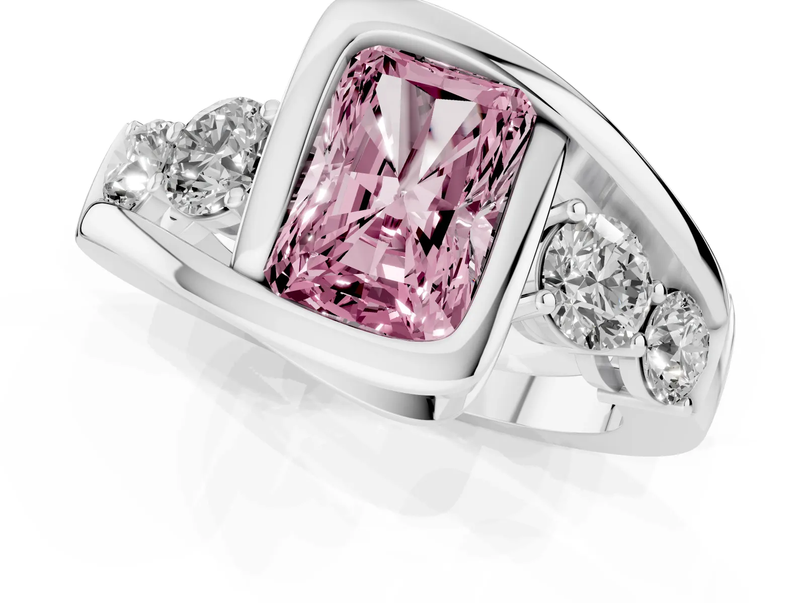 Fancy Pink Bezel Set Radiant Cut Diamond Bypass Ring with Round Accents White gold