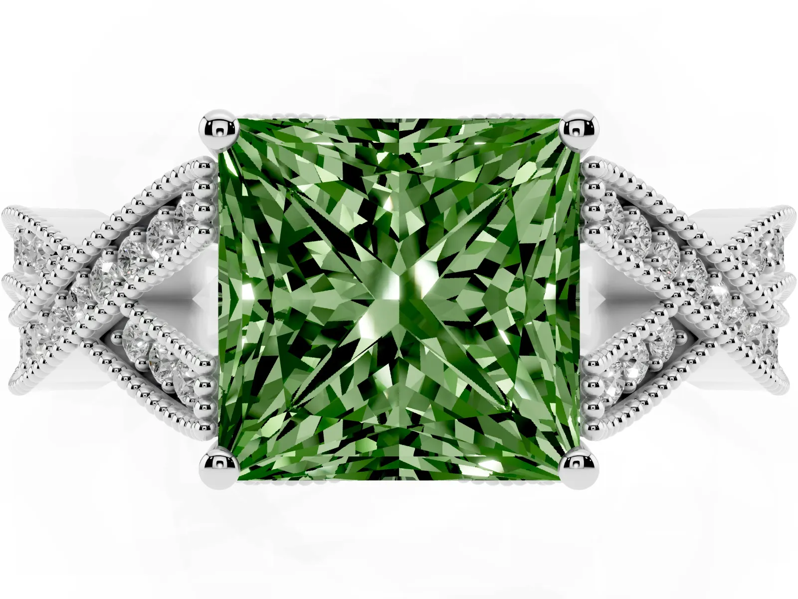 Fancy Green Princess Cut Cut Diamond Twisted Band with Milgrain Pave Setting and Four-Prong Setting Platinum