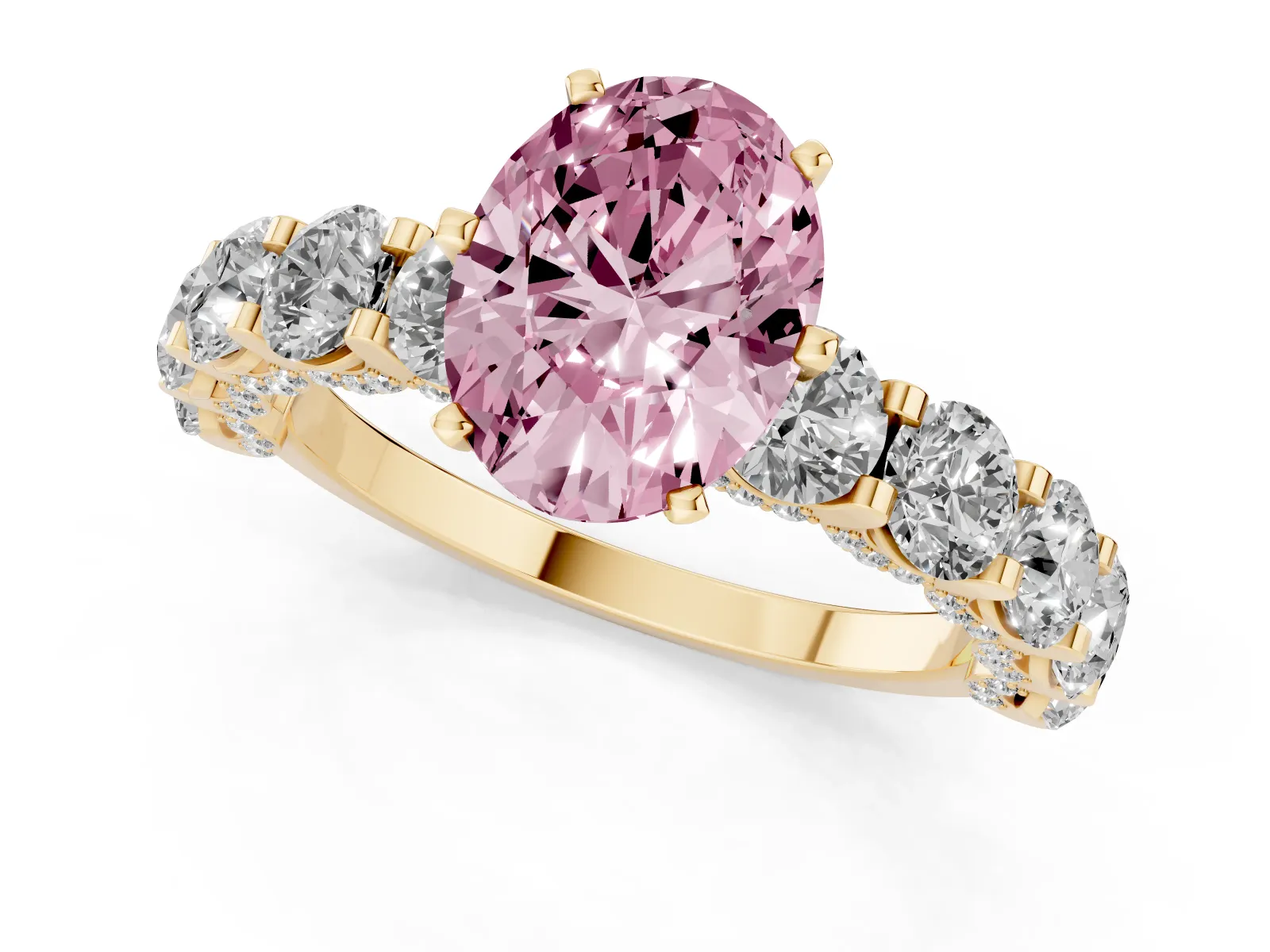 Fancy Pink Oval Cut Diamond Side Stone Engagement Ring with Four-Prong Setting Yellow gold