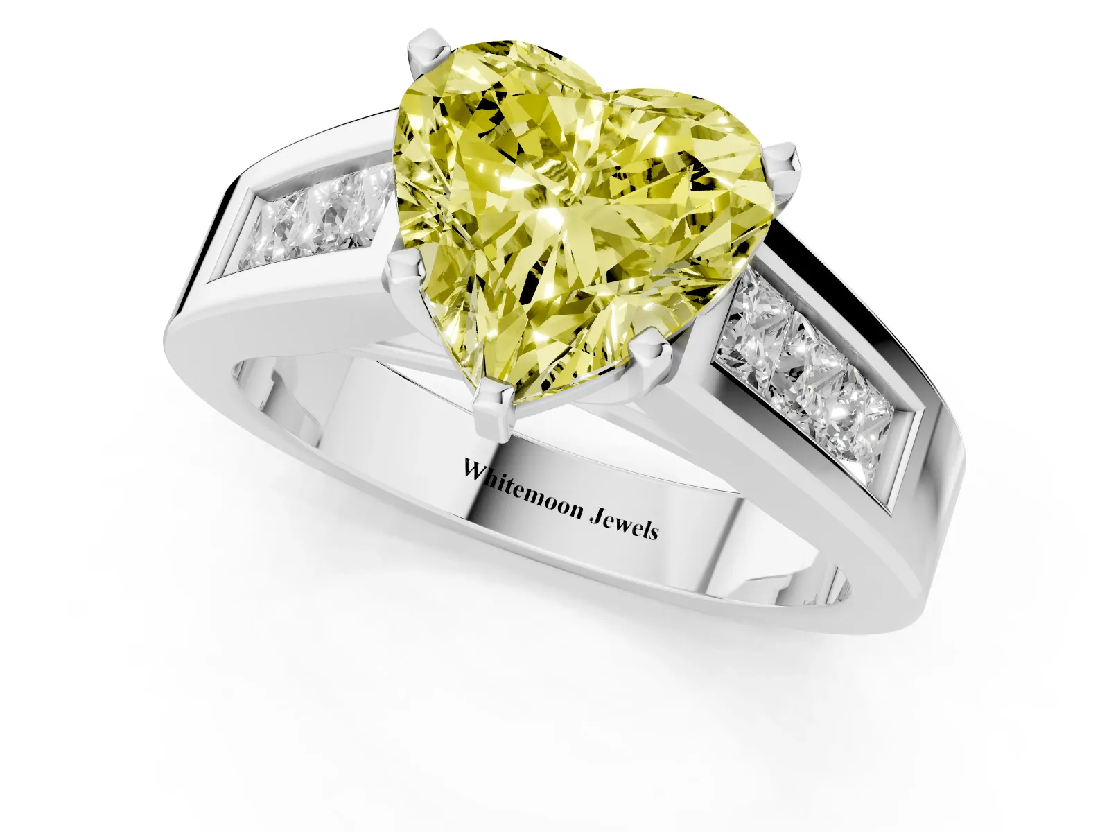 Fancy Yellow Heart Cut Cut Channel Set Solitaire Ring with Four-Prong Setting White gold