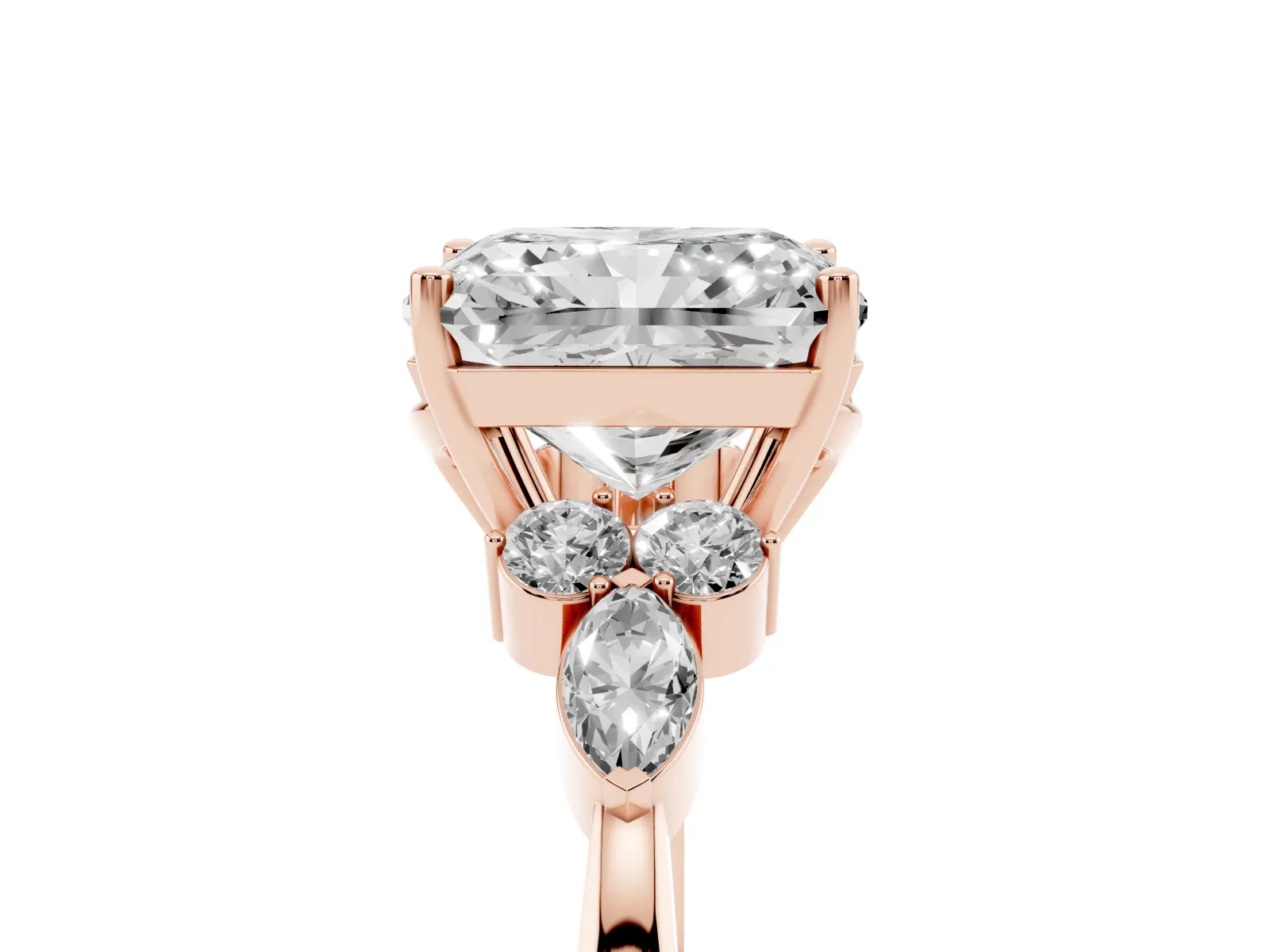 Radiant Cut Brilliant Diamond Solitaire Ring with Pear Side Stones and Four-Prong Setting Rose gold