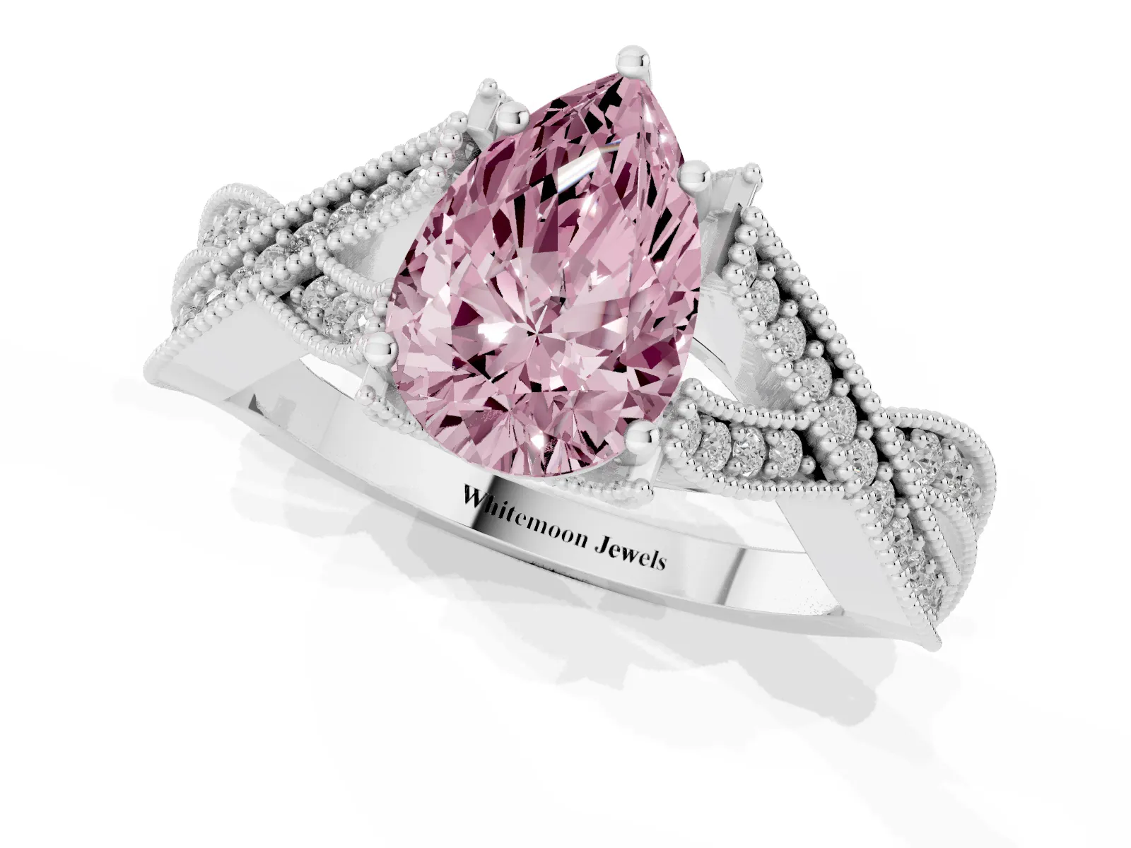 Fancy Pink Pear Cut Cut Diamond Twisted Band with Milgrain Pave Setting and Four-Prong Setting Platinum
